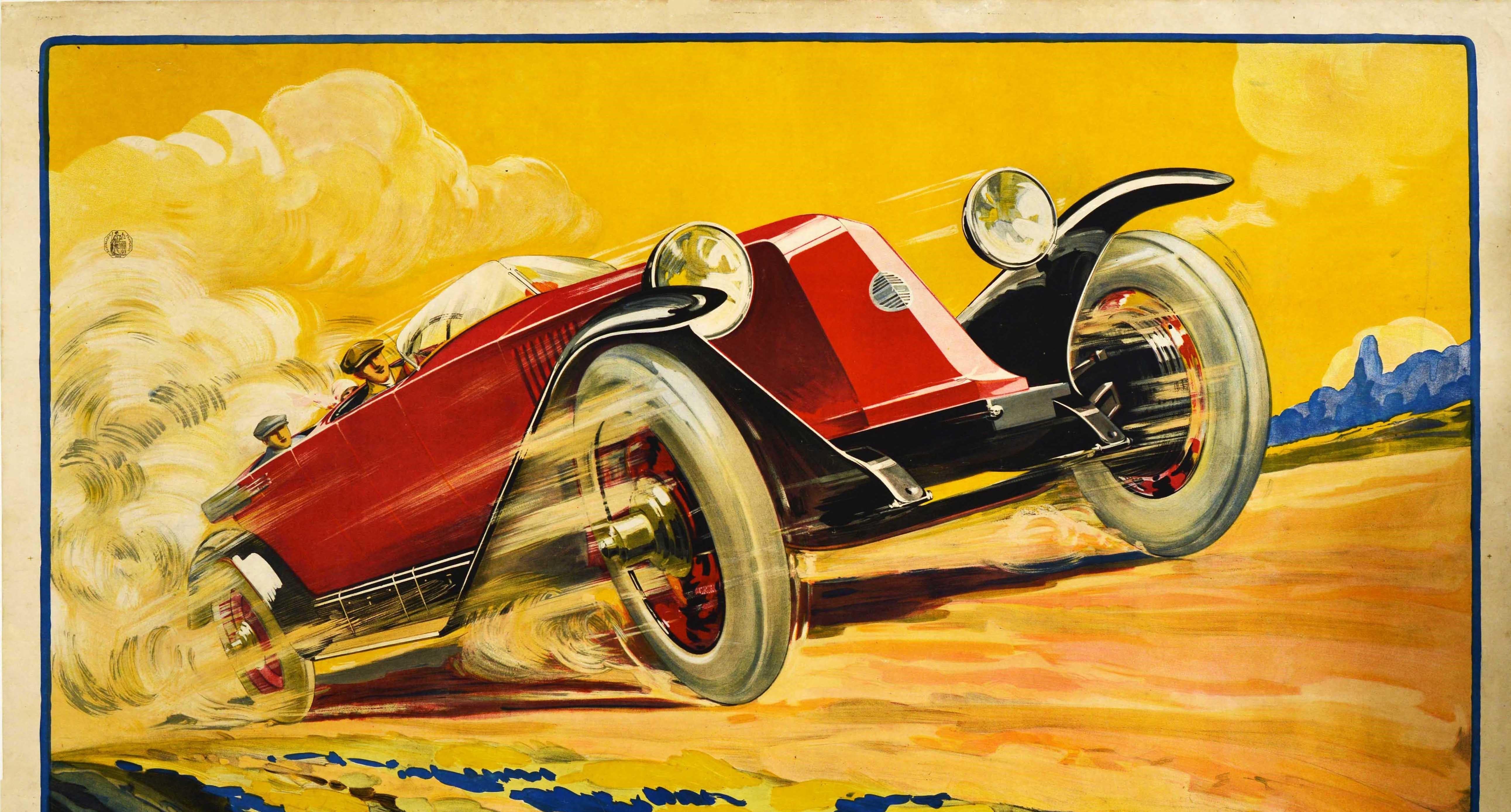 Original antique advertising poster for the French car manufacturer Renault (founded 1899) featuring a stunning Art Deco design showing a classic Type 45 red convertible driving at speed along a country road with the bold yellow company name below.