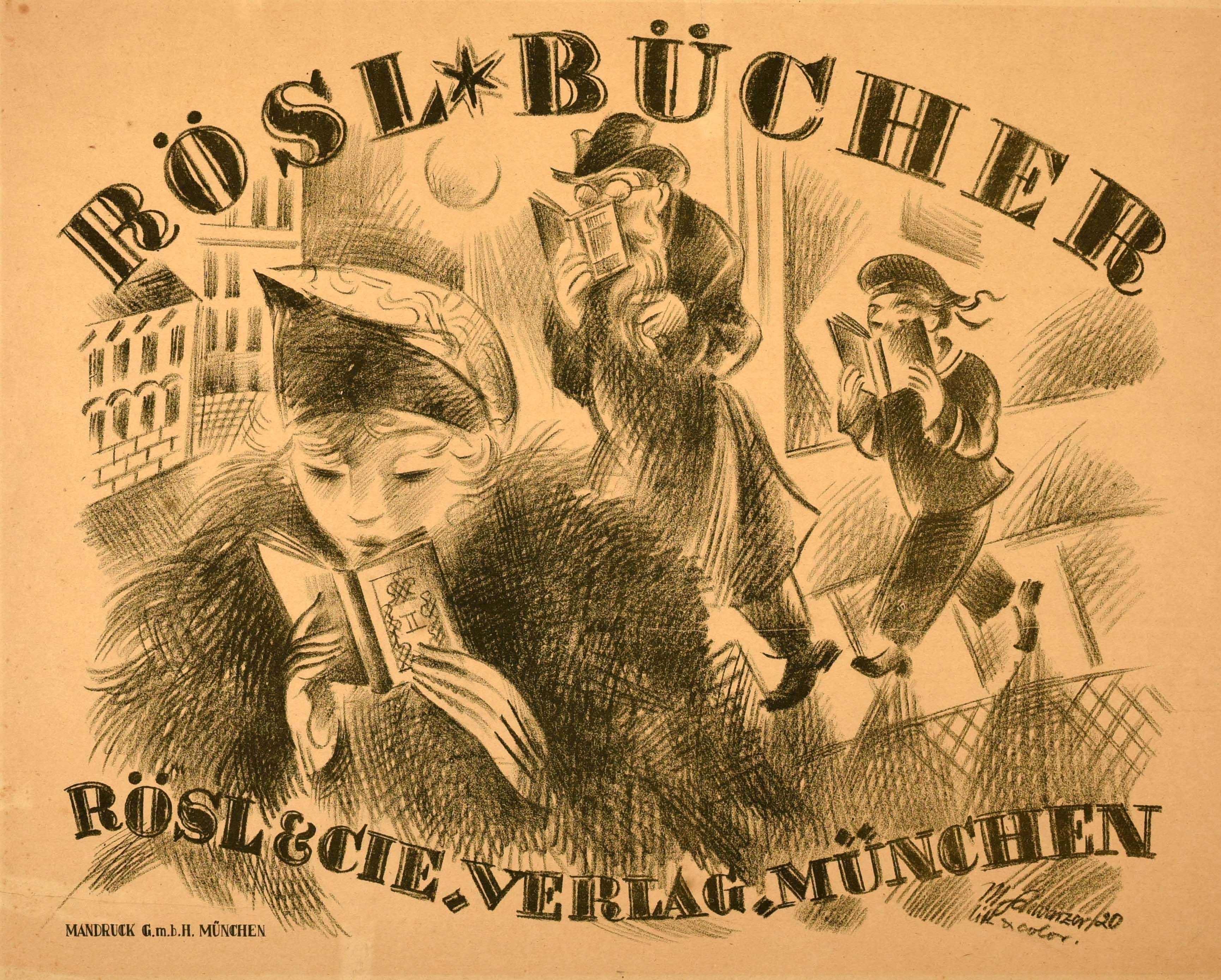 Originales antikes Werbeplakat für den Verlag Rösl Bücher Rosl & Cie, Verlag, München mit einem großartigen Kunstwerk des deutschen Künstlers Max Schwarzer (1882-1955), das Menschen beim Lesen zeigt, eine modisch gekleidete Dame im Pelzmantel mit