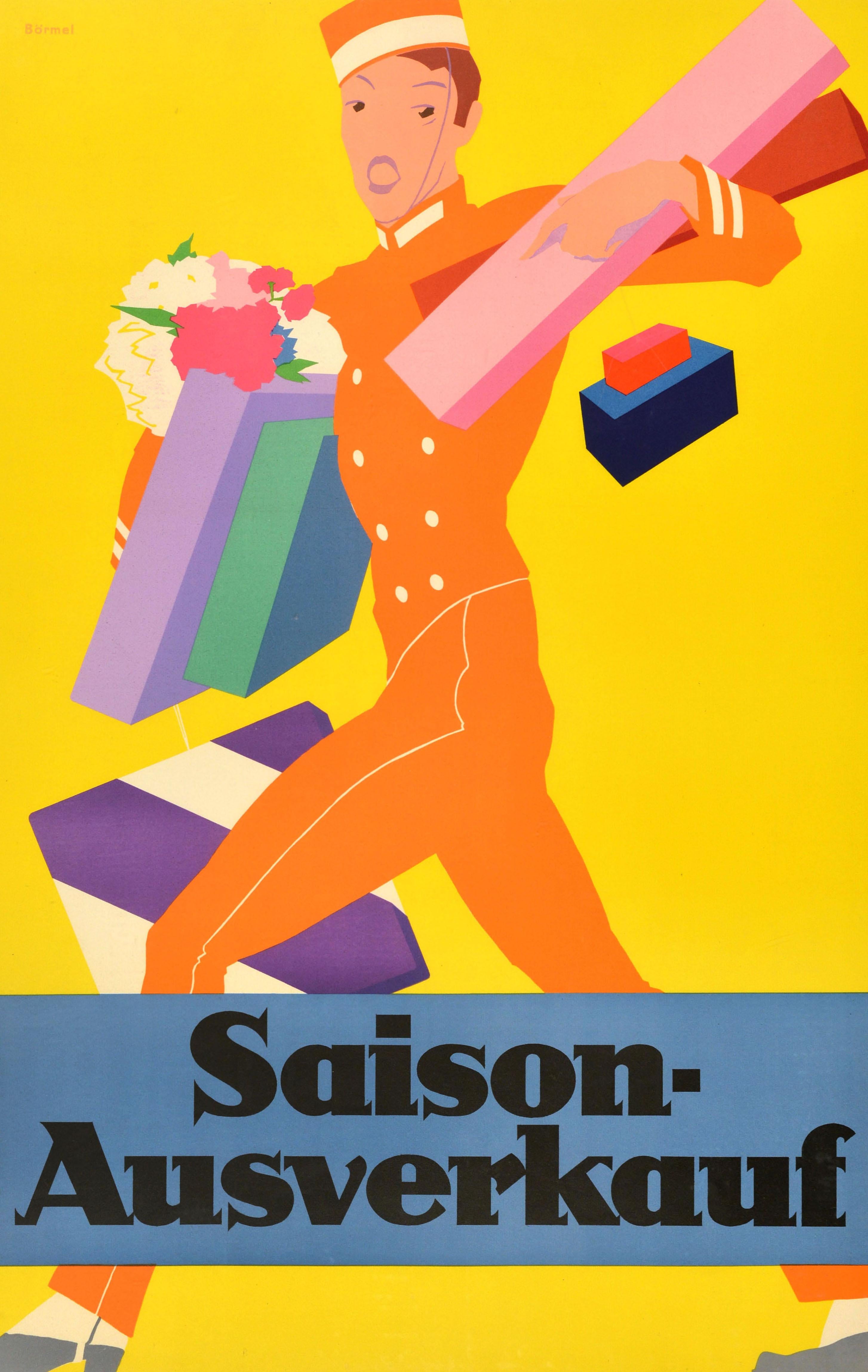 Cartel publicitario antiguo original con un gran diseño Art Déco que representa a un botones de uniforme que lleva varias cajas de colores y un ramo de flores sobre fondo amarillo, dejando caer un par de paquetes con el texto en negrita sobre fondo