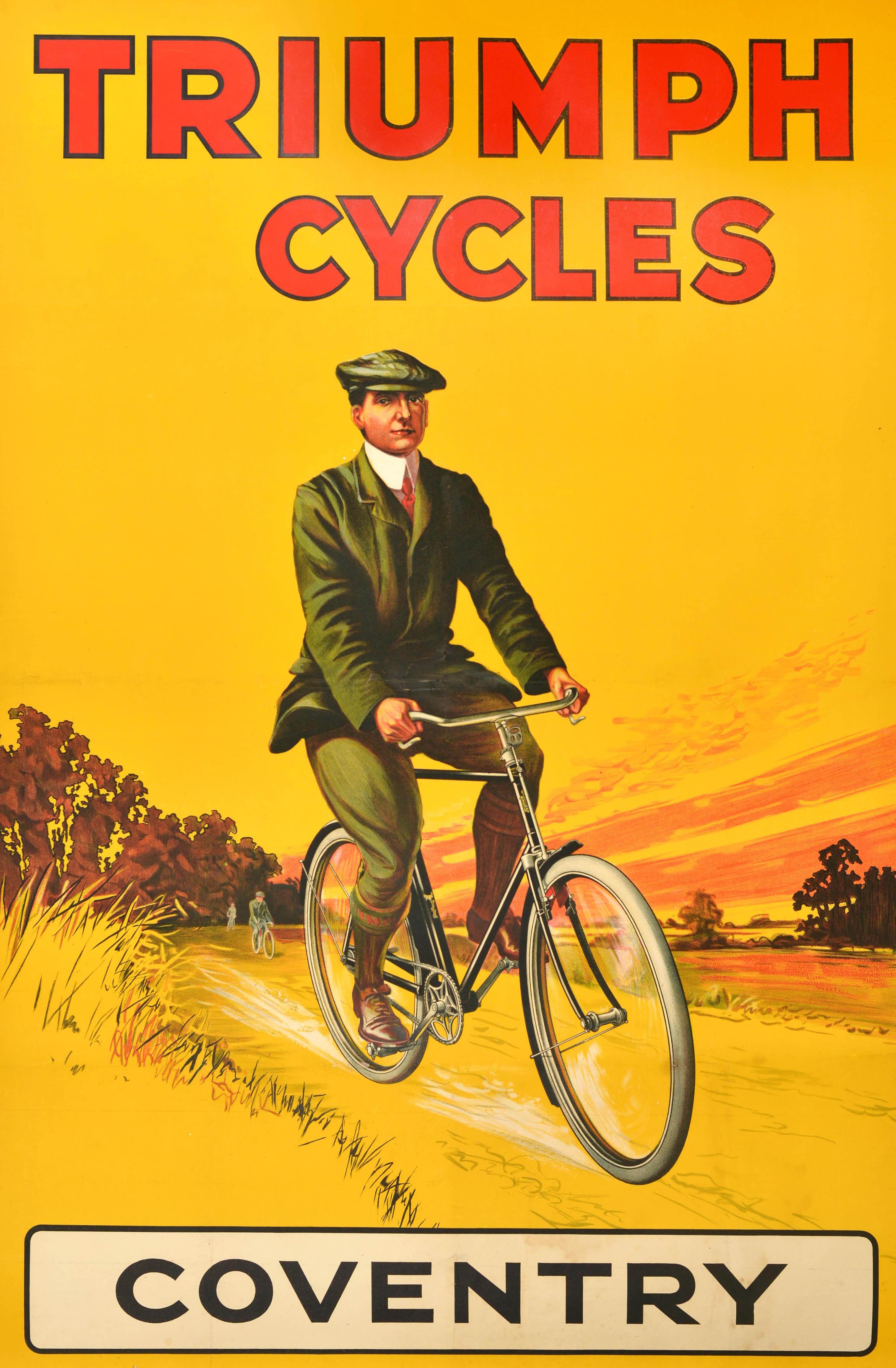 Original antique advertising poster for Triumph Cycles Coventry featuring an illustration of a gentleman in a suit and cap riding a bicycle on a country road in front of another cyclist and trees in the distance against a yellow and orange