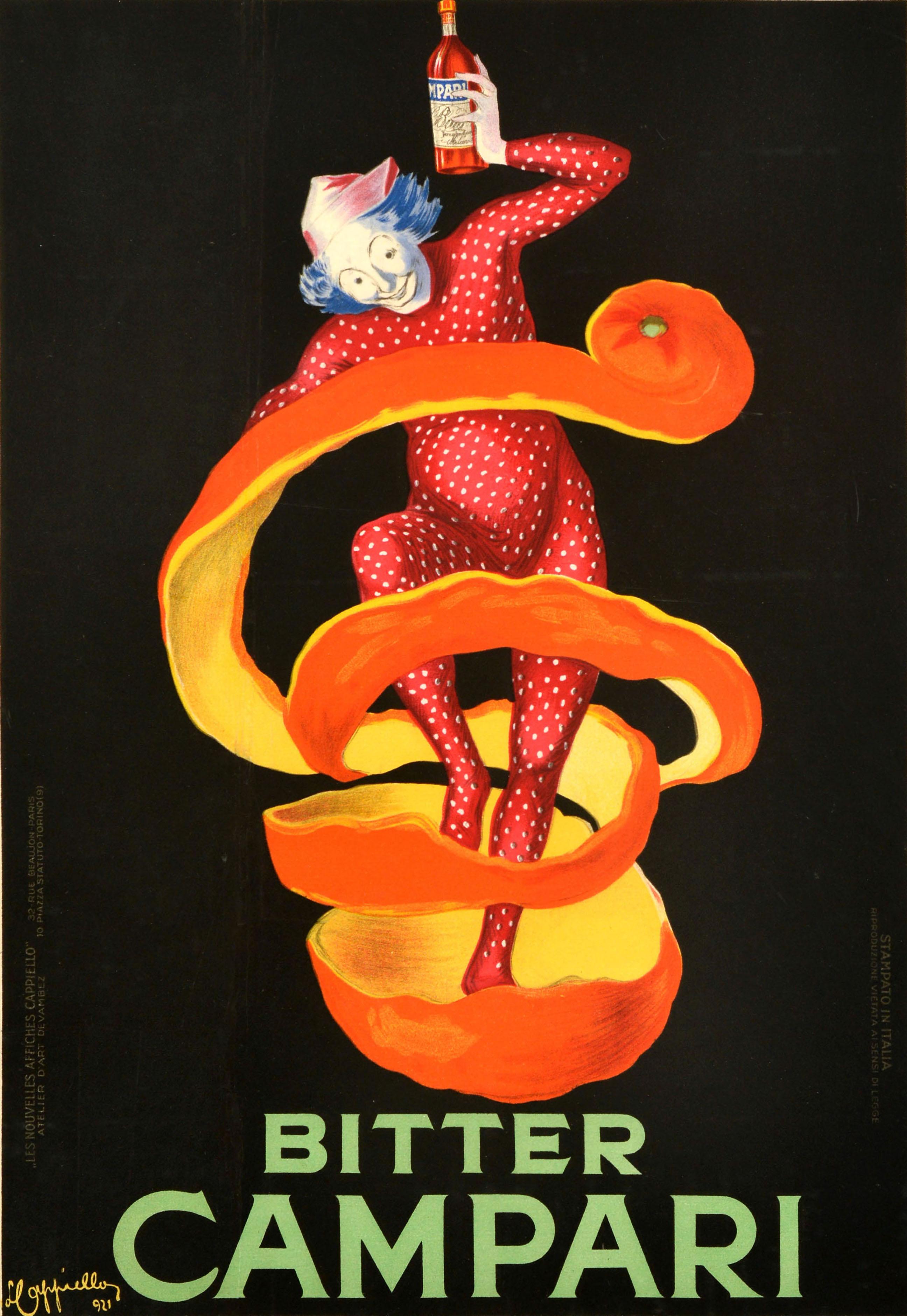 Affiche publicitaire originale et ancienne pour l'apéritif italien Bitter Campari, représentant un dessin emblématique du célèbre affichiste Leonetto Cappiello (1875-1942), avec une image colorée et amusante d'un bouffon portant un costume de clown