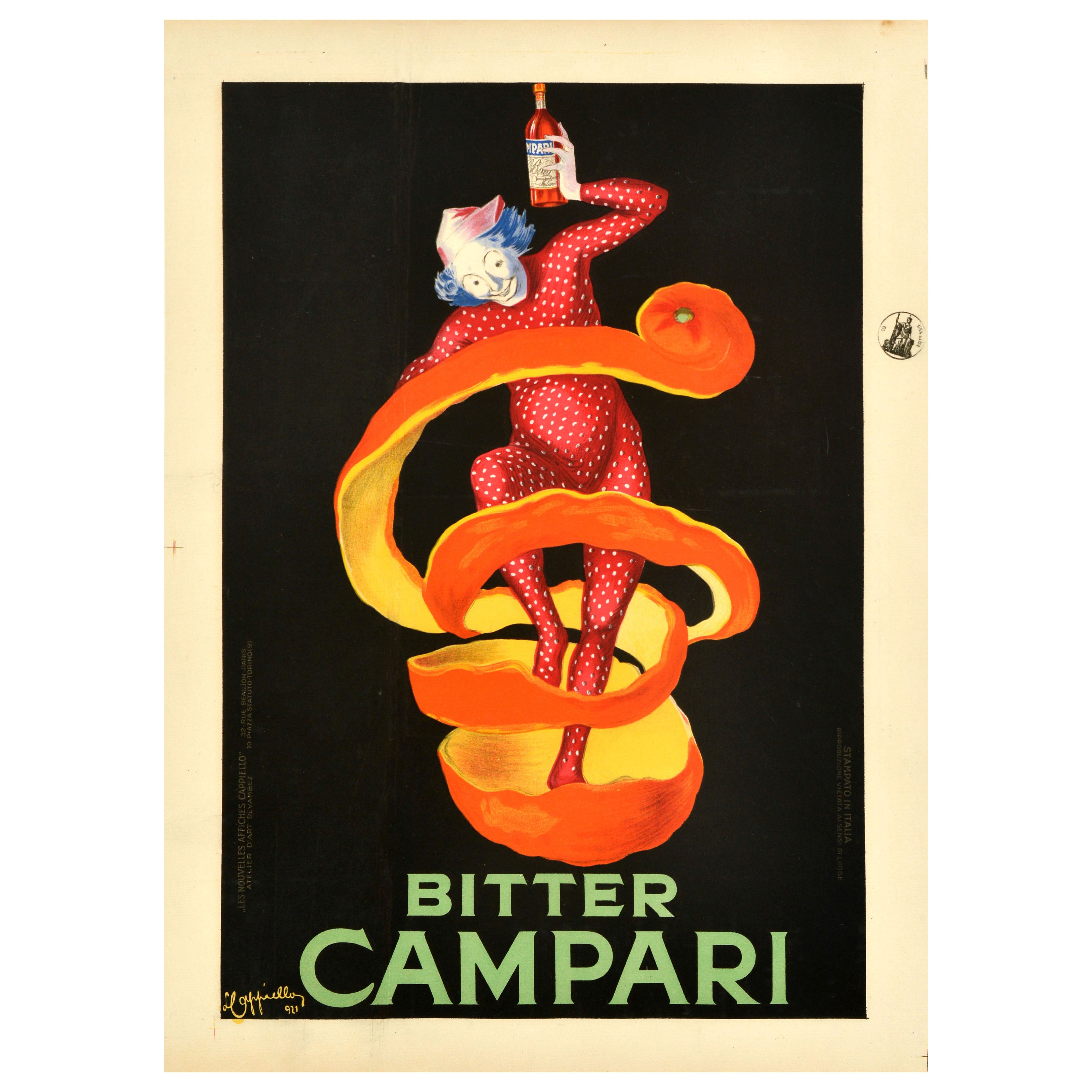 Original Antikes Werbeplakat, Antique Alcohol, Bitter Campari, orangefarbener Zinn, Cappiello