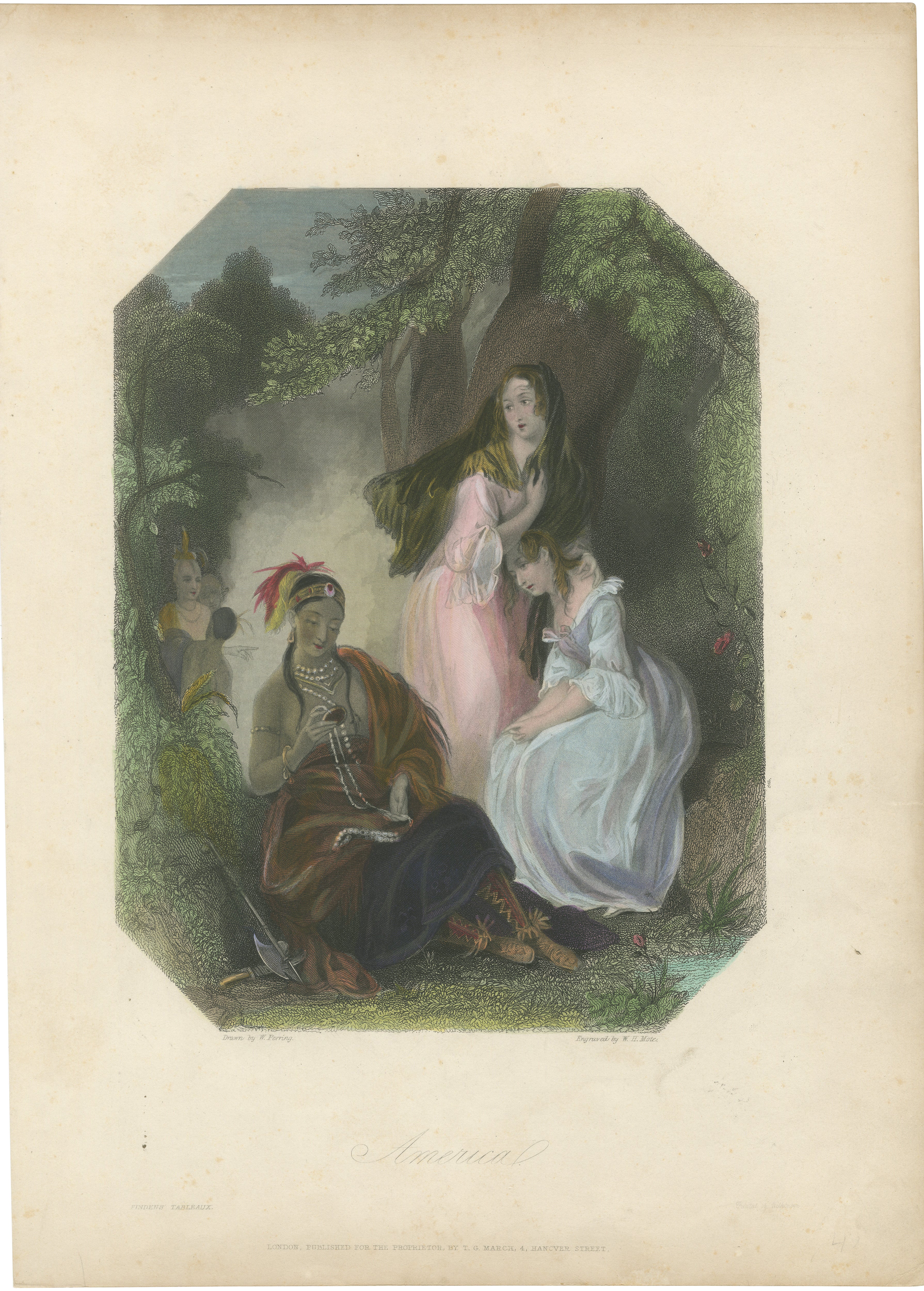 Original Antique Allegorical Print of America by Mote after W. Perring, 1843