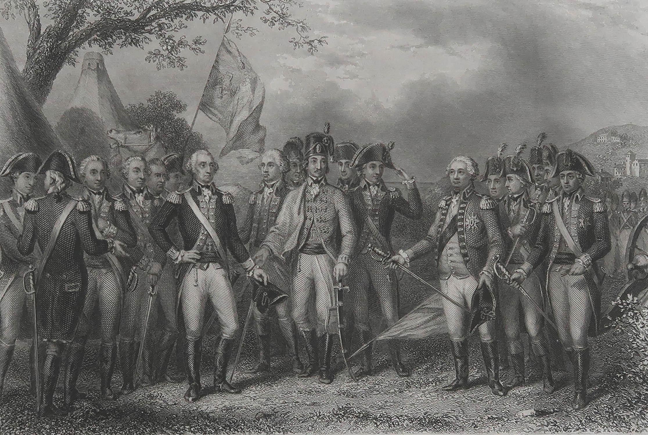 Wonderful image of The Surrender of The British to General Washington

Fine steel engraving after J.F. Renault

Published by Virtue circa 1850

Unframed.

