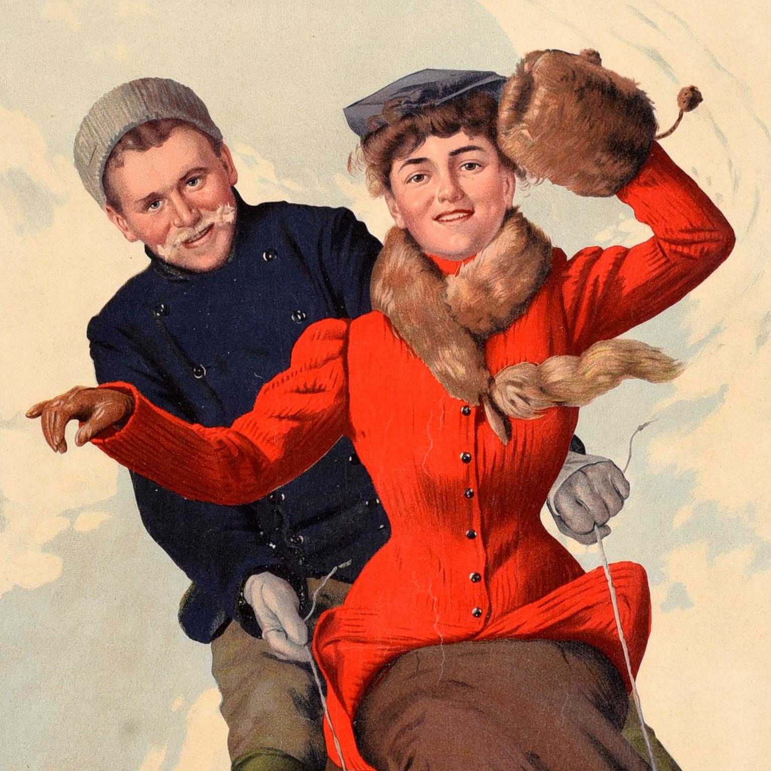 Original antique aperitif liqueur drink advertising poster for Balsam featuring great artwork of a happy couple wearing warm winter clothes smiling at the viewer whilst sledging down a snowy slope with snow-capped trees and mountains in the