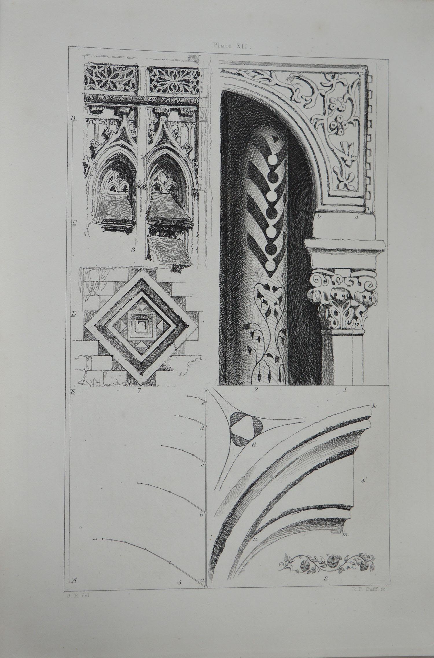 Wonderful gothic architectural print.

Fragments from Abbeville, Lucca, Venice and Pisa

Steel engraving by R.P. Cuff after the original drawing by John Ruskin

Published circa 1880

On wove quality paper
 
Unframed.


  