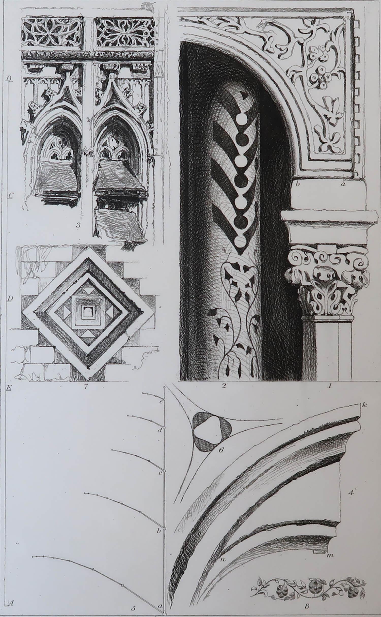 Wonderful Gothic architectural print.

Fragments from Abbeville, Lucca, Venice and Pisa

Steel engraving by R.P. Cuff after the original drawing by John Ruskin

Published, circa 1880

On wove quality paper
 
Unframed.


 