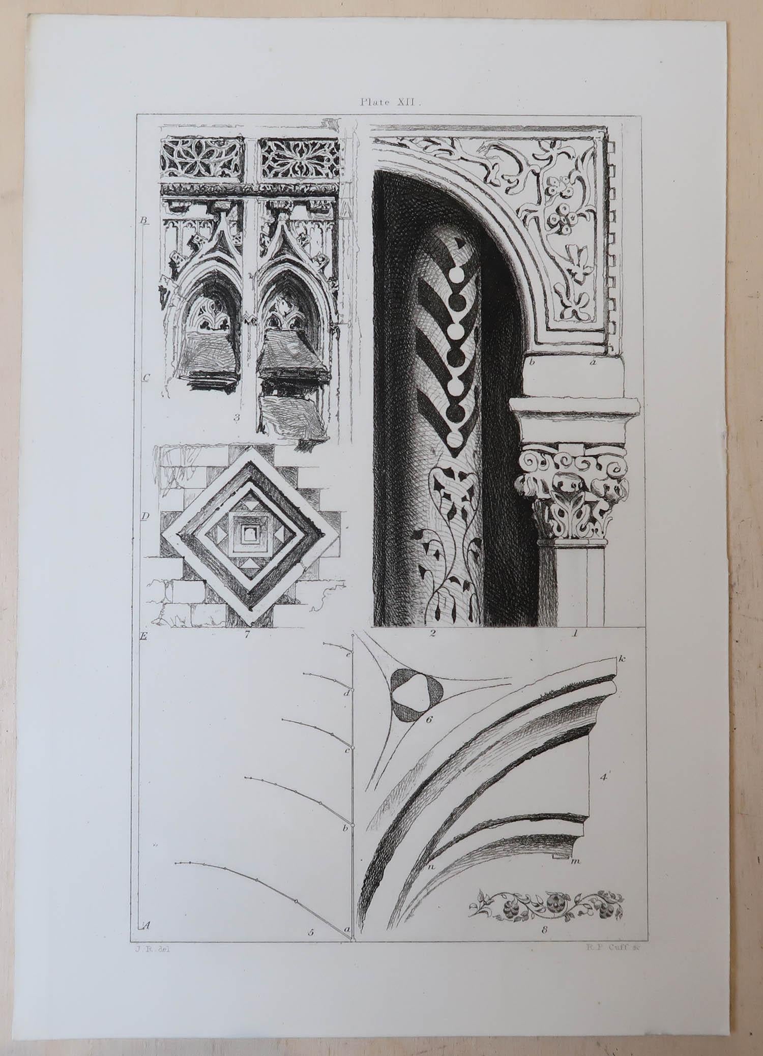 Gothic Revival Original Antique Architectural Print by John Ruskin circa 1880, 'Abbeville' For Sale