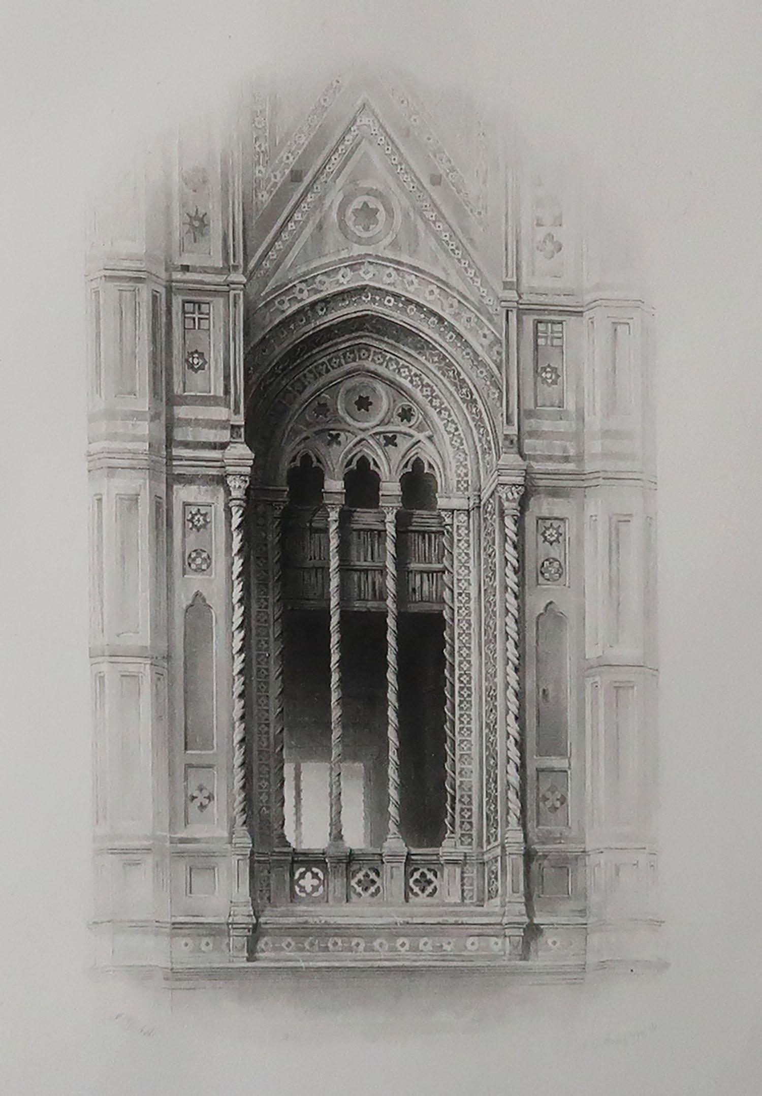 Wonderful Gothic architectural print.

Tracery from the Campanile of Giotto, at Florence

Steel engraving by R.P. Cuff after the original drawing by John Ruskin

Published, circa 1880

On wove quality paper
 
Unframed.


