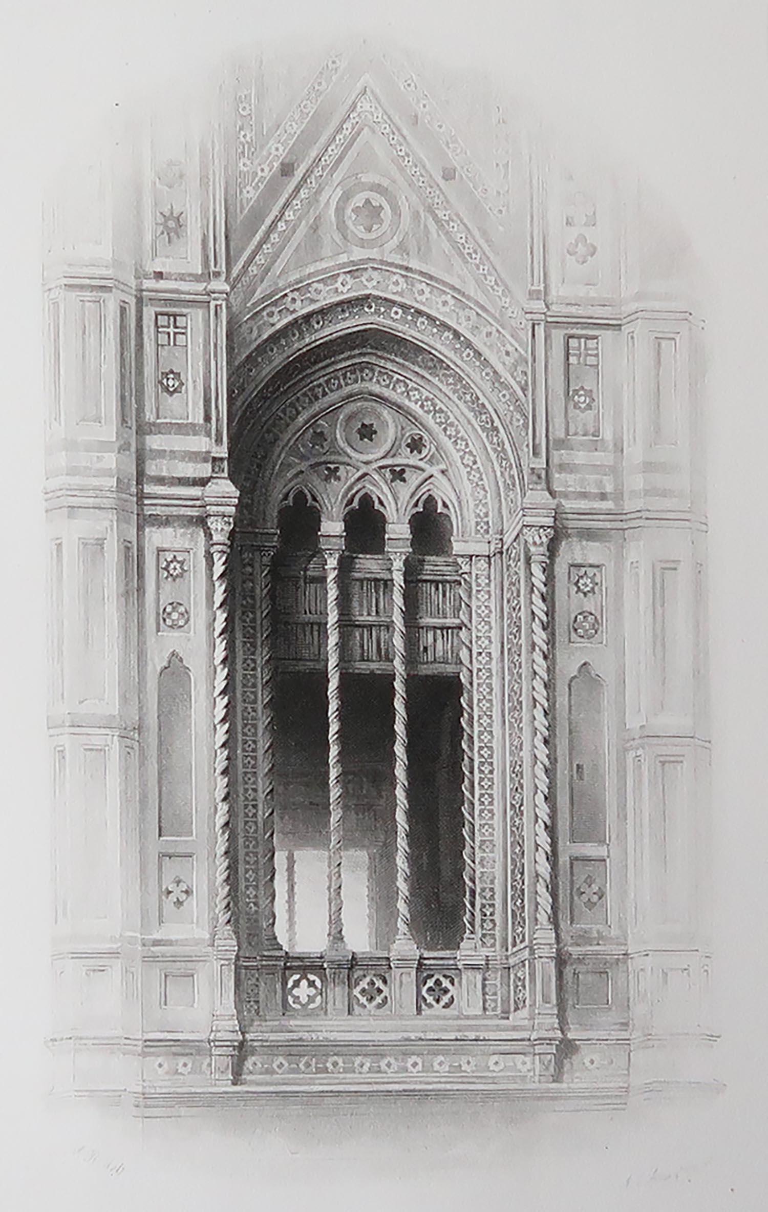 Wonderful Gothic architectural print.

Tracery from the Campanile of Giotto, at Florence.

Steel engraving after the original drawing by John Ruskin.

Published, circa 1880

On wove quality paper
 
Unframed.


