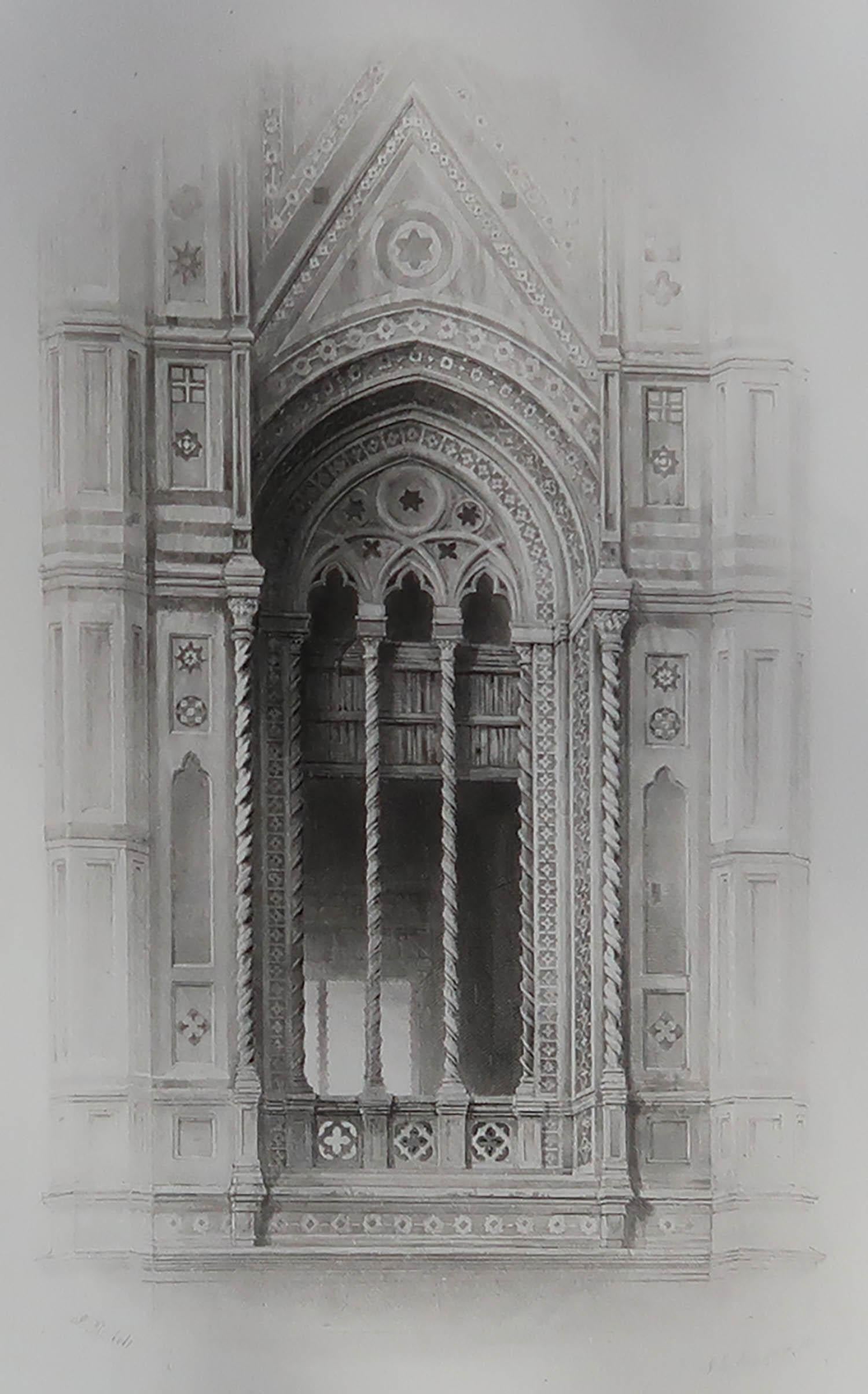 Wonderful Gothic architectural print.

Tracery from the Campanile of Giotto, at Florence.

Steel engraving after the original drawing by John Ruskin.

Published, circa 1880

On wove quality paper
 
Unframed.


 