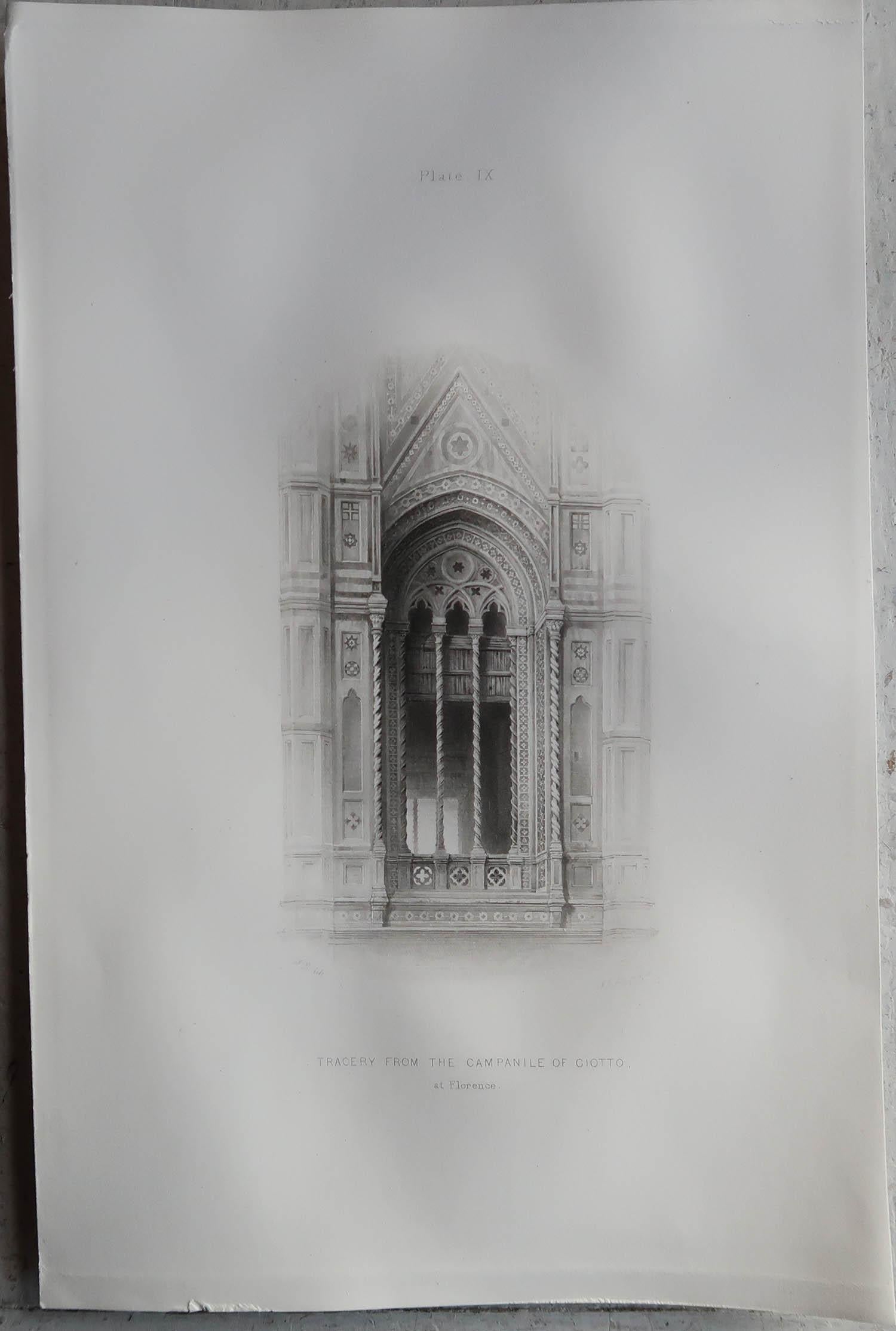 Gothic Revival Original Antique Architectural Print by John Ruskin, circa 1880, 'Florence' For Sale