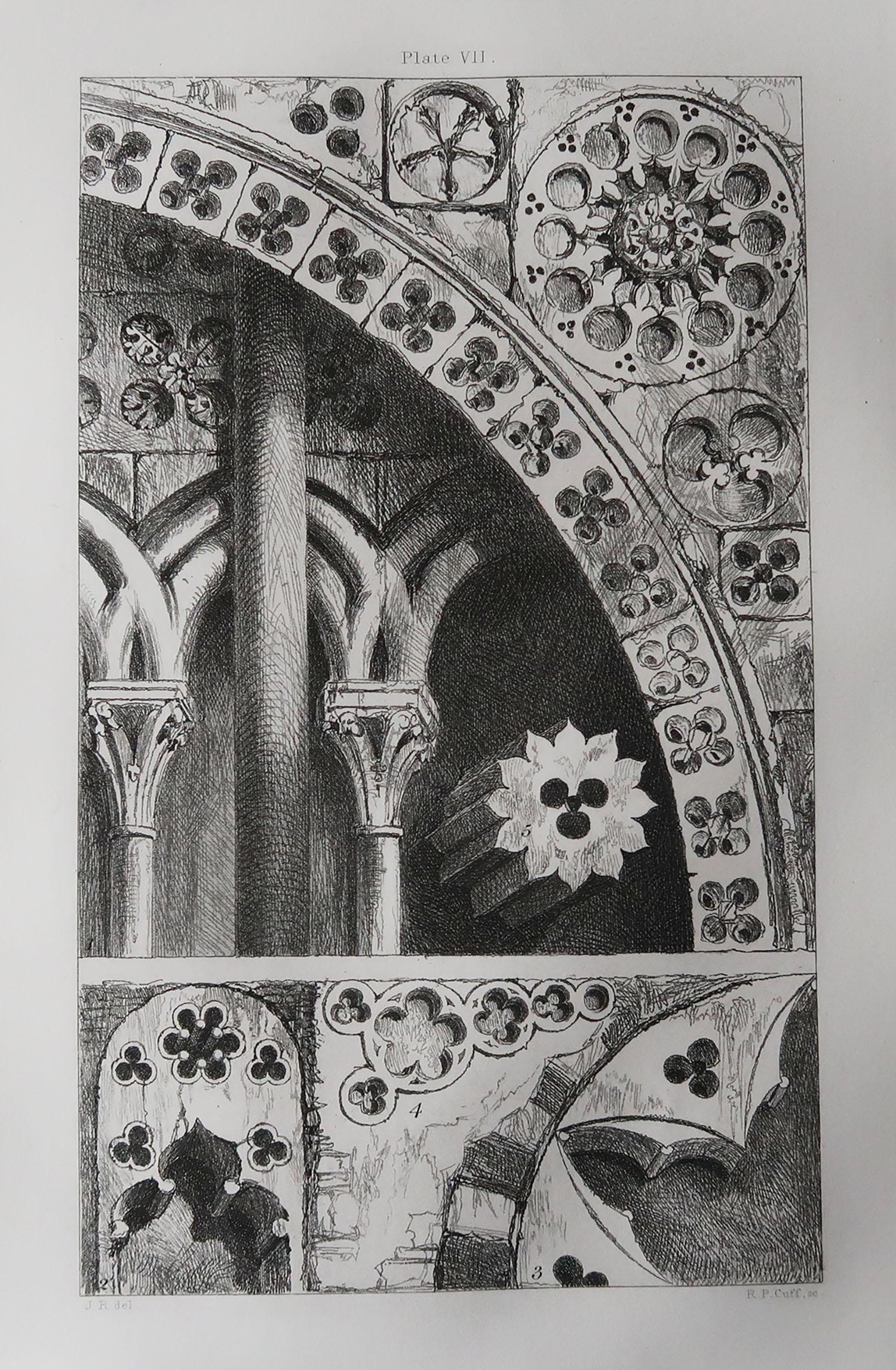 Wonderful Gothic architectural print.

Pierced ornaments from Lisieux, Bayeux, Verona and Padua

Steel engraving by R.P. Cuff after the original drawing by John Ruskin

Published, circa 1880

On wove quality paper
 
Unframed.


