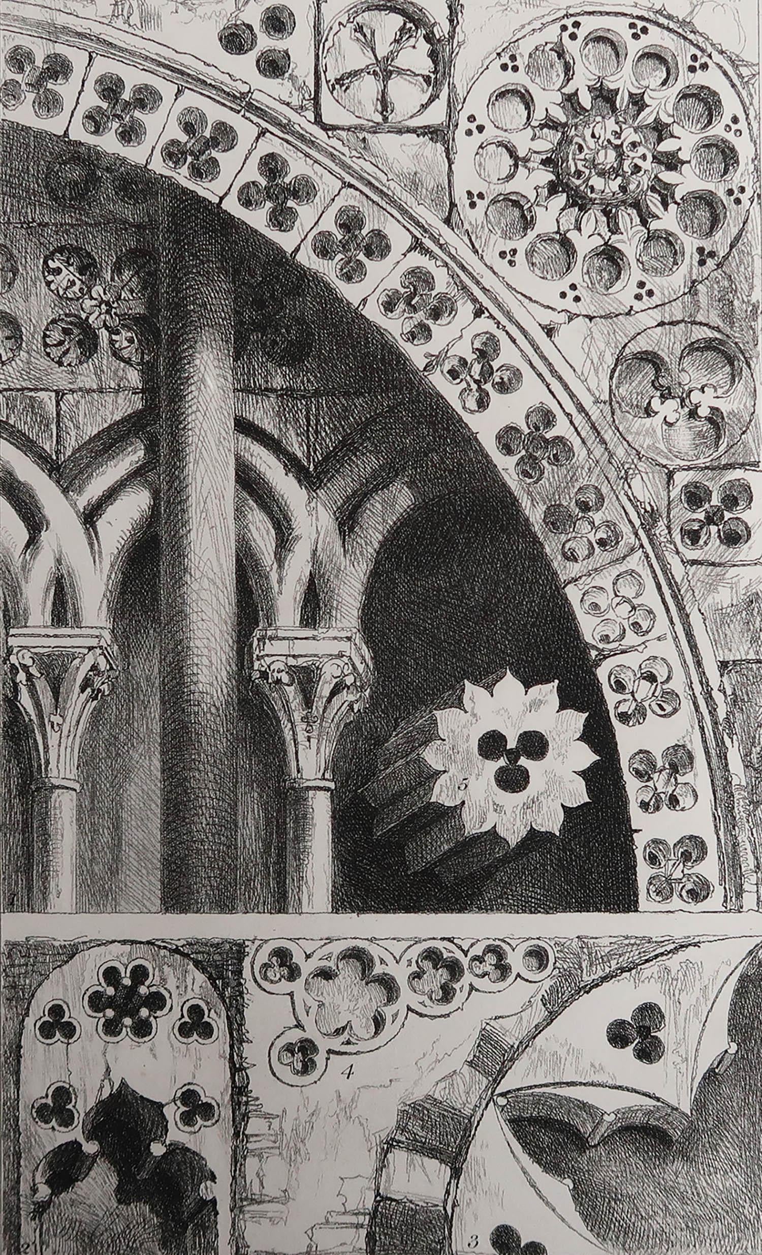 Wonderful Gothic architectural print.

Pierced ornaments from Lisieux, Bayeux, Verona and Padua.

Steel engraving by R.P. Cuff after the original drawing by John Ruskin.

Published, circa 1880.

On wove quality paper.
 
Unframed.


