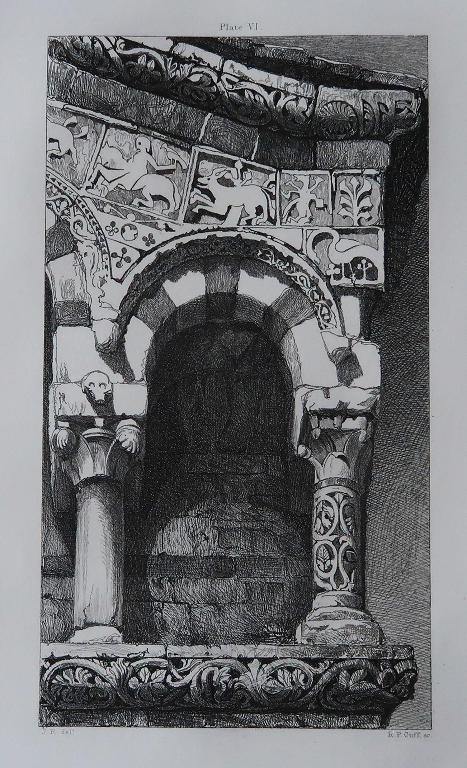 Wonderful Gothic architectural print.

Arch from The Facade of The Church of San Michele at Lucca

Steel engraving by R.P. Cuff after the original drawing by John Ruskin

Published, circa 1880

On wove quality paper
 
Unframed.


