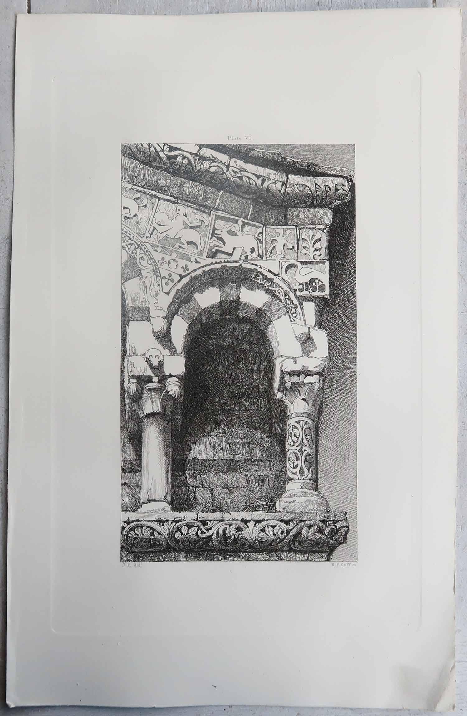 Néo-gothique Gravure architecturale ancienne originale de John Ruskin, vers 1880, 