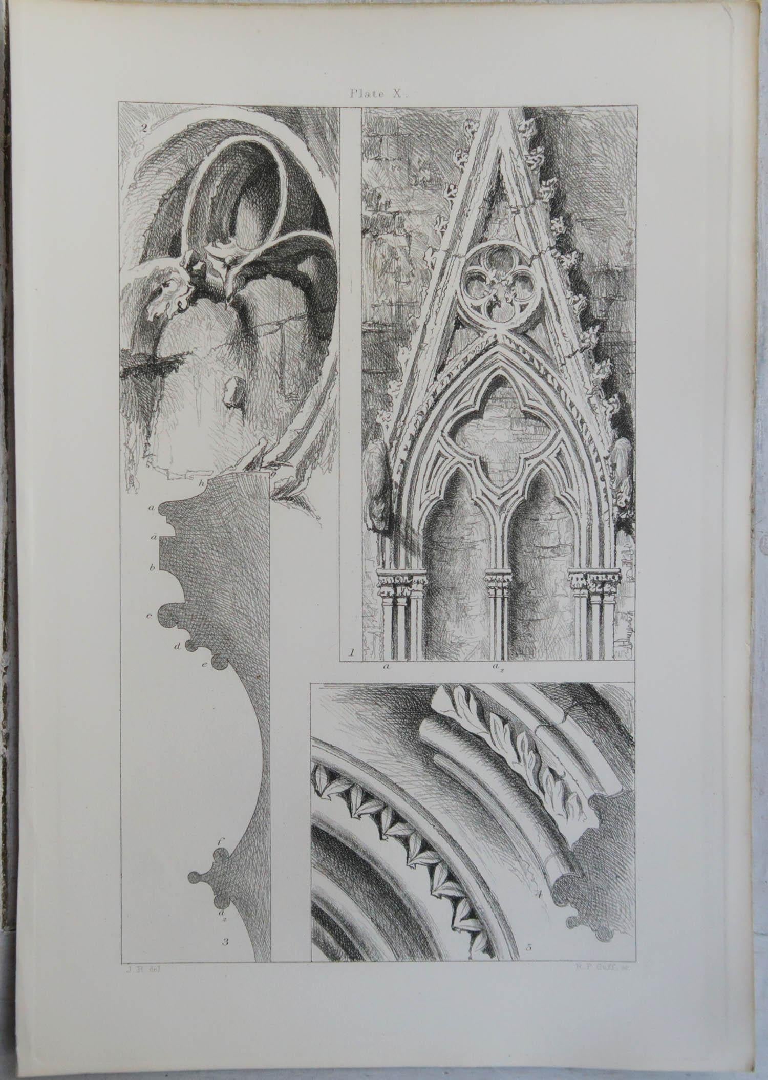 Neogotico Stampa architettonica originale antica di John Ruskin del 1880 circa 