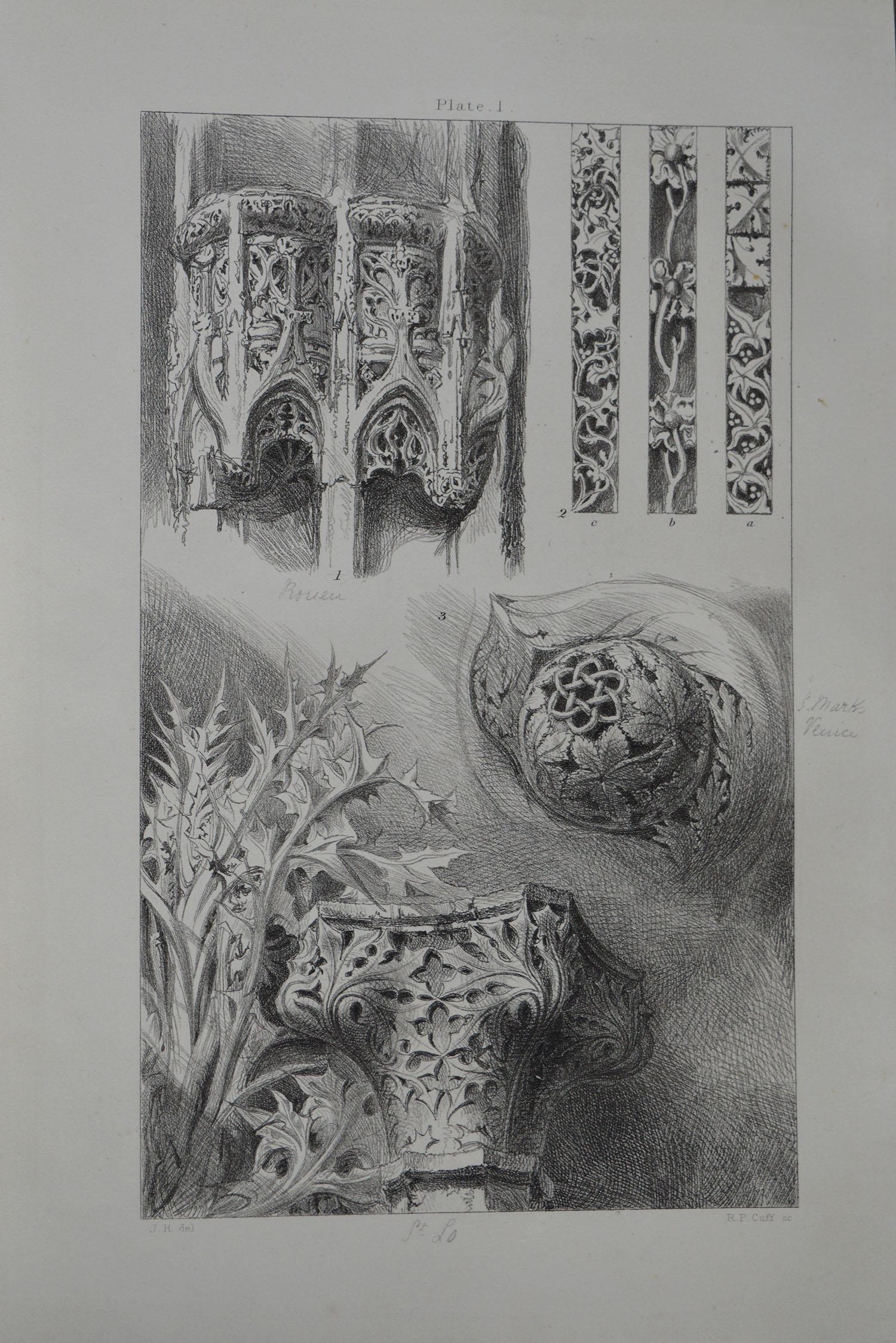 Wonderful Gothic architectural print.

Ornaments from St. Lo, Rouen and Venice

Steel engraving by R.P. Cuff after the original drawing by John Ruskin

Published, circa 1880

On wove quality paper
 
Unframed.


 