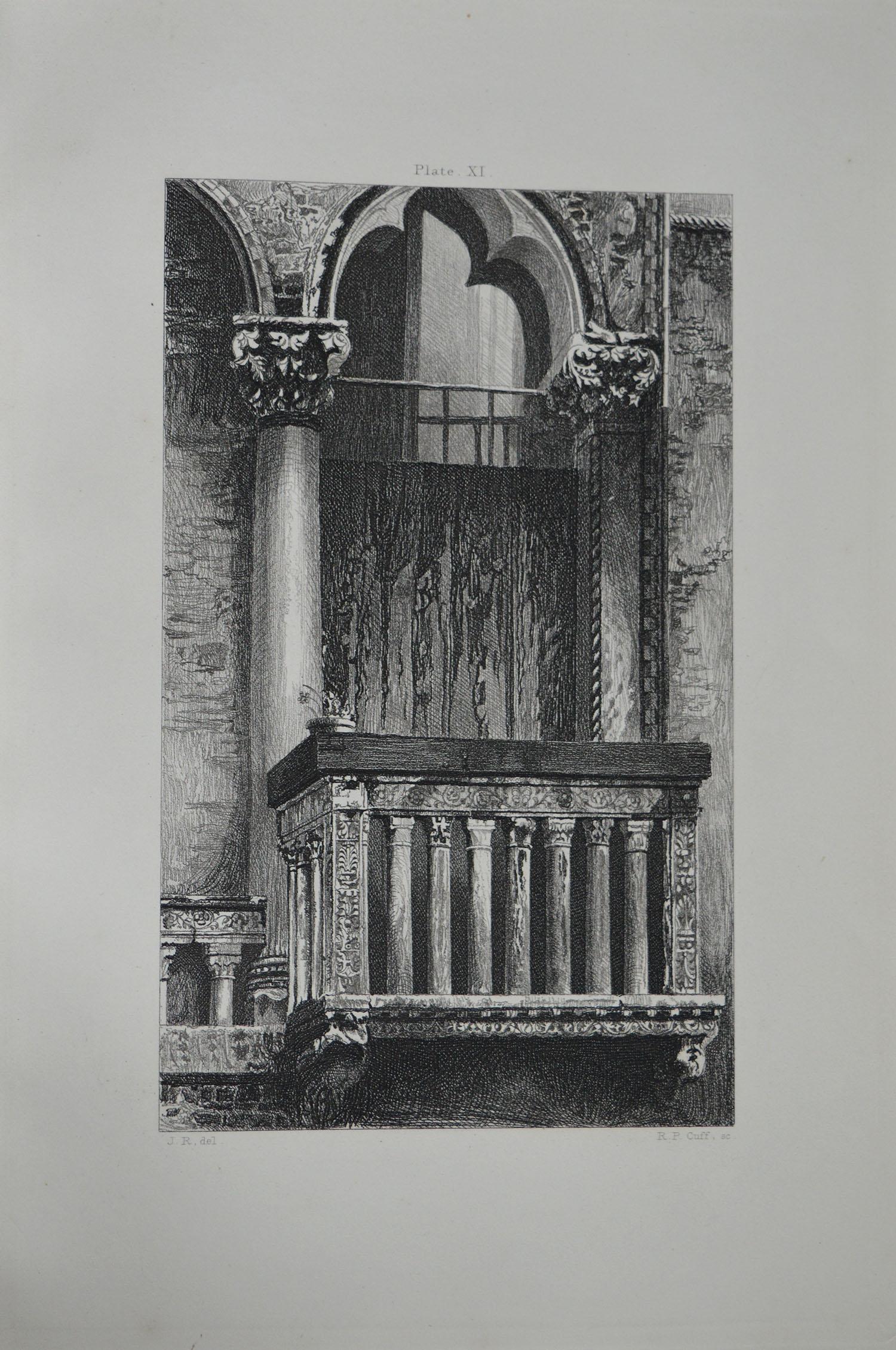 Wonderful Gothic architectural print.

Balcony in the Campo St. Benedetto, Venice

Steel engraving by R.P. Cuff after the original drawing by John Ruskin

Published, circa 1880

On wove quality paper
 
Unframed.


 
