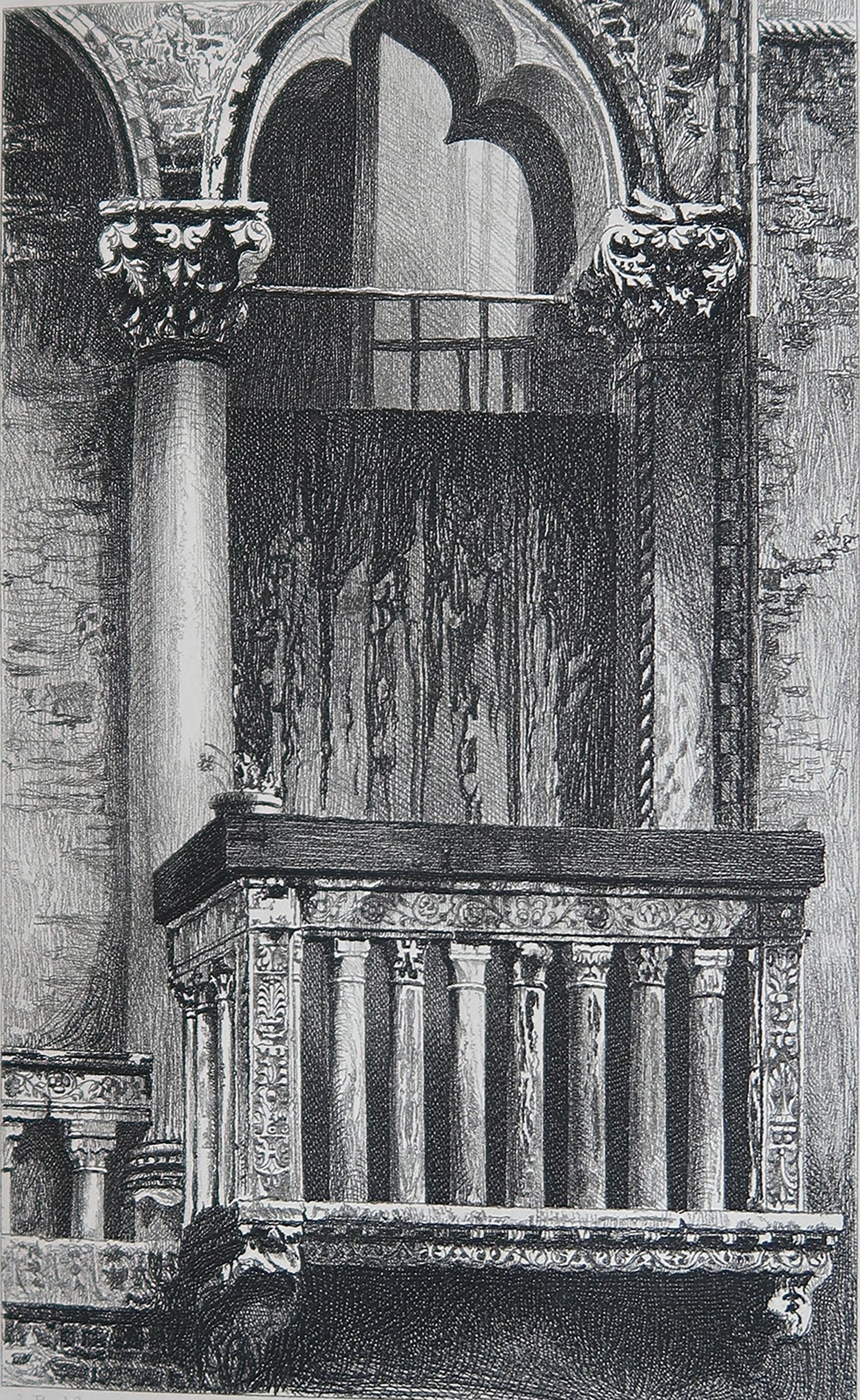 Wonderful Gothic architectural print.

Balcony in the Campo St. Benedetto, Venice

Steel engraving by R.P. Cuff after the original drawing by John Ruskin

Published, circa 1880

On wove quality paper
 
Unframed.


 