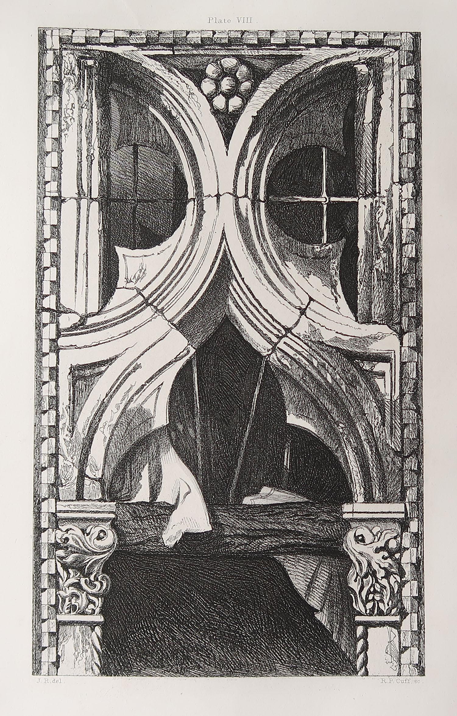 Wonderful Gothic architectural print.

Window from Ca Foscari, Venice

Steel engraving by R.P. Cuff after the original drawing by John Ruskin

Published, circa 1880

On wove quality paper

Crease to bottom right corner
 
Unframed.


 