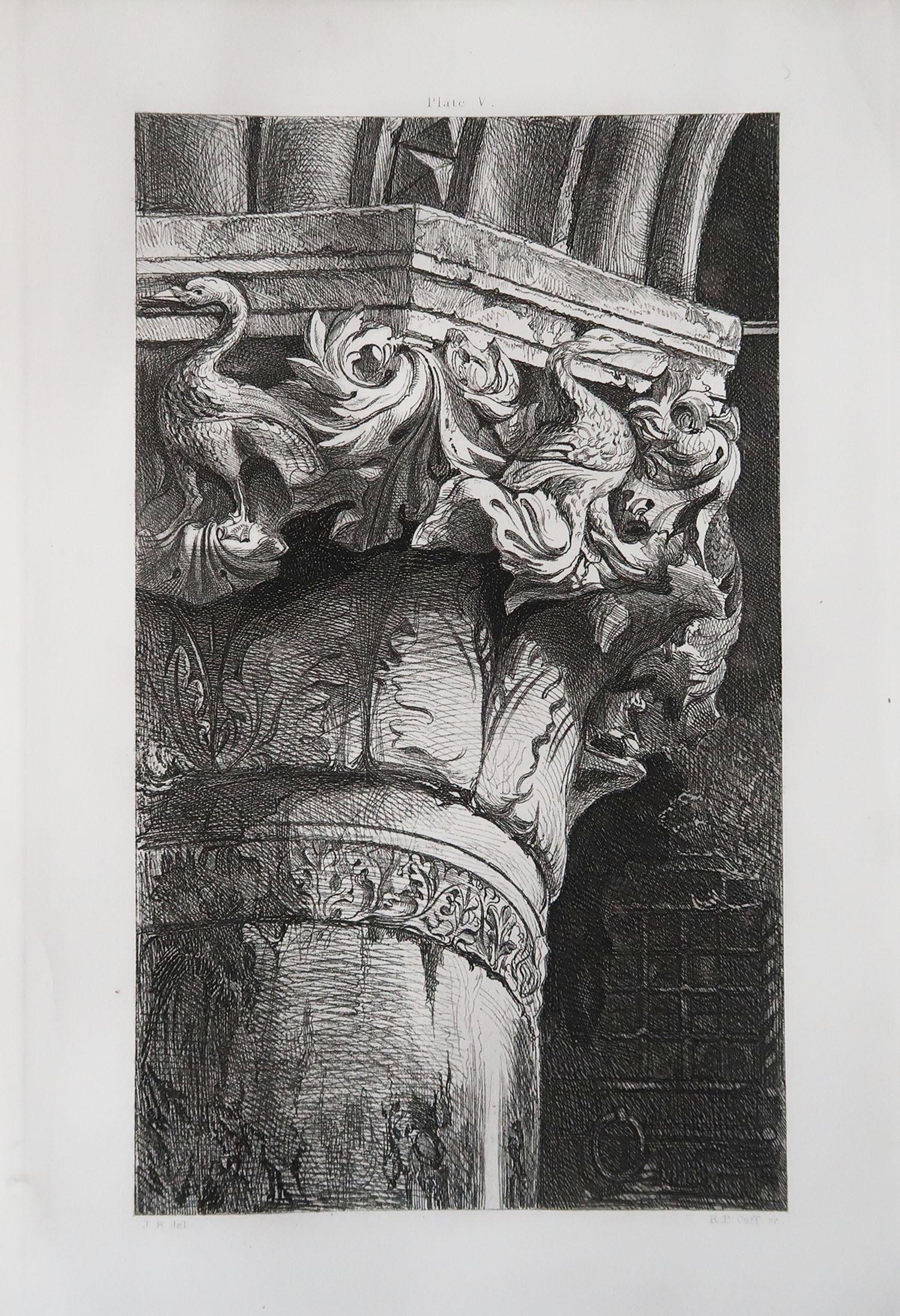 Wonderful Gothic architectural print.

Capital From The Lower Arcade of The Doge's Palace, Venice

Steel engraving by R.P. Cuff after the original drawing by John Ruskin

Published circa 1880

On wove quality paper
 
Unframed.


 