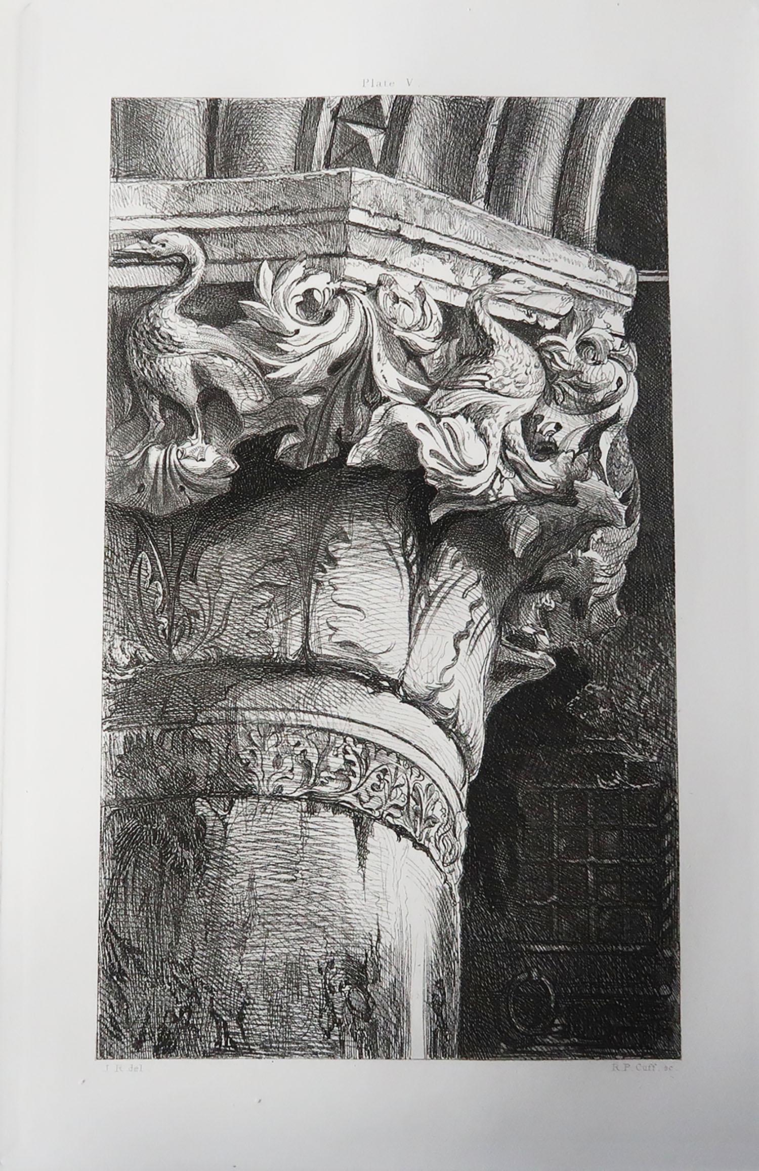 Wonderful Gothic architectural print.

Capital From The Lower Arcade of The Doge's Palace, Venice

Steel engraving by R.P. Cuff after the original drawing by John Ruskin

Published circa 1880

On wove quality paper
 
Unframed.


