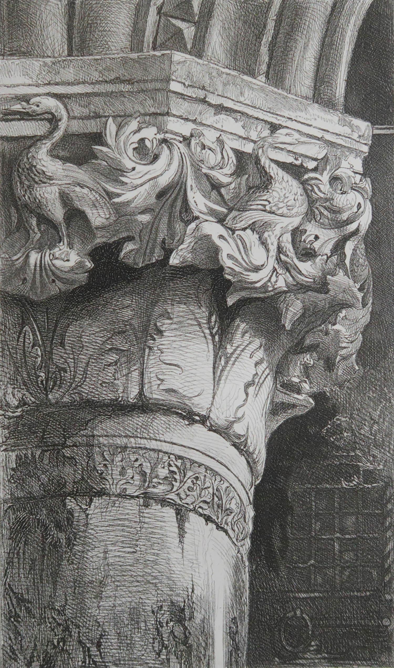 Wonderful Gothic architectural print.

Capital From The Lower Arcade of The Doge's Palace, Venice

Steel engraving by R.P. Cuff after the original drawing by John Ruskin

Published circa 1880

On wove quality paper
 
Unframed.


