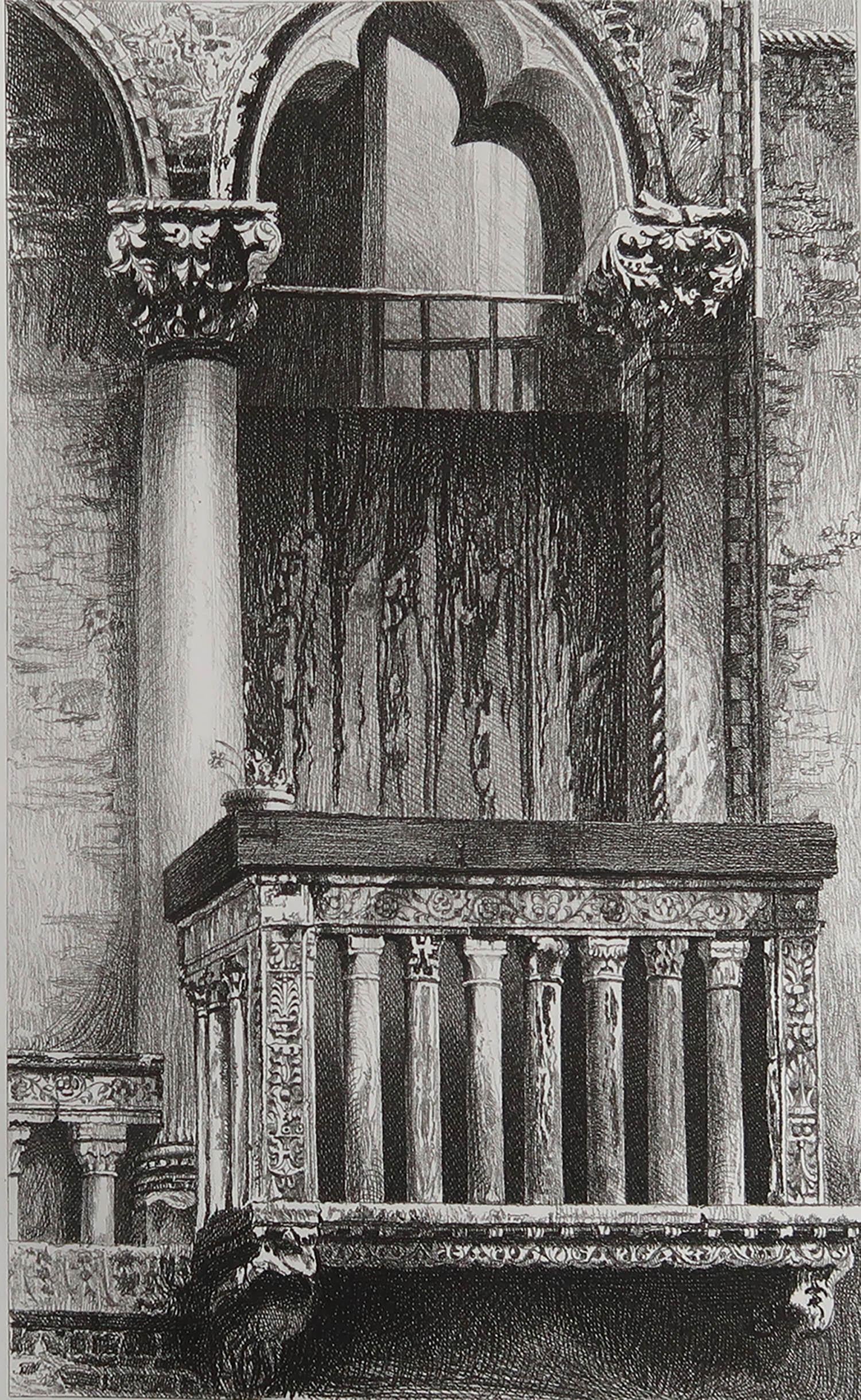 Maravillosa estampa arquitectónica gótica.

Balcón en el Campo San Benedetto, Venecia

Grabado en acero por R.P. Puño según el dibujo original de John Ruskin

Publicado, hacia 1880

En papel tejido de calidad

Buen estado. 
 
Sin enmarcar.


 