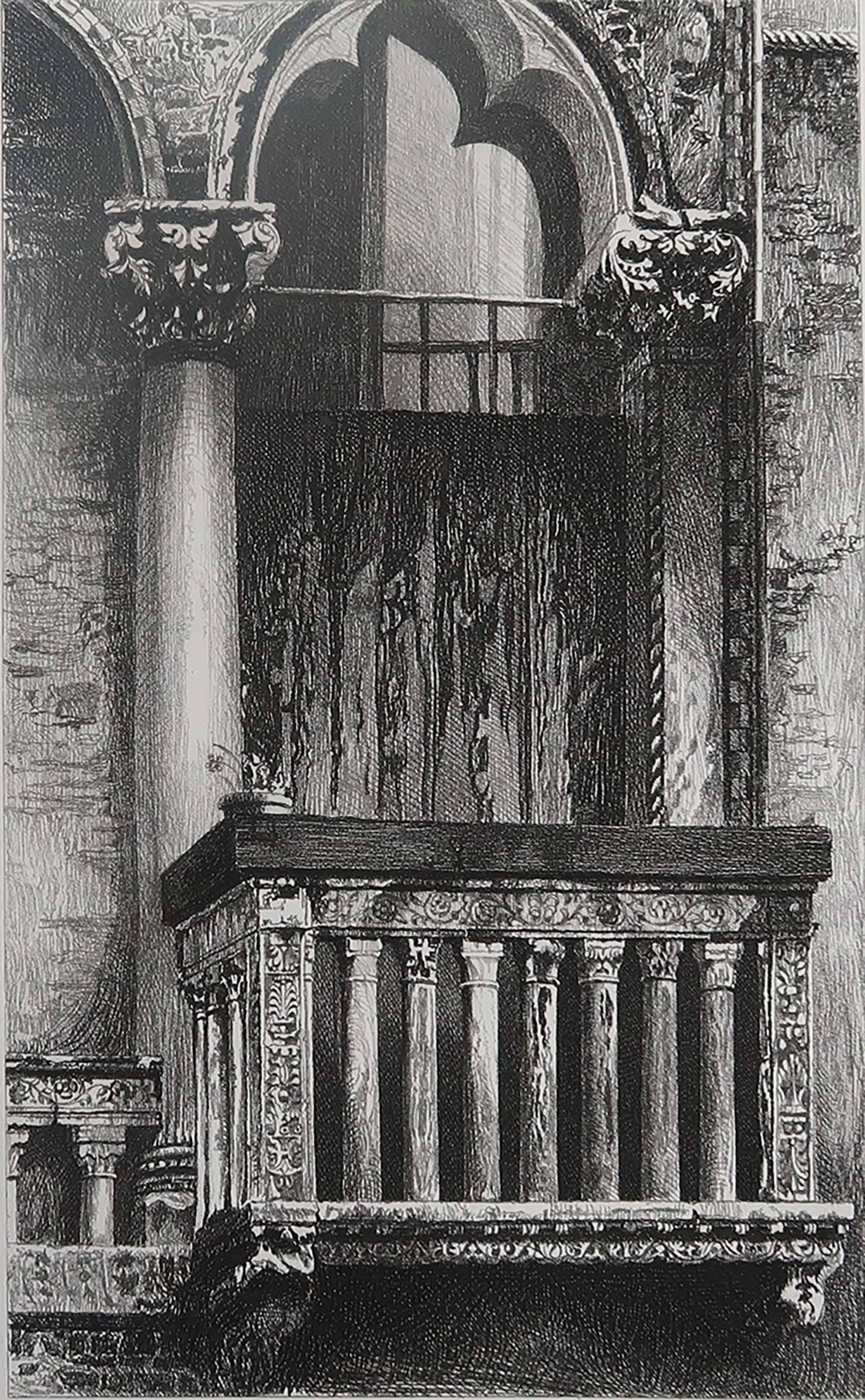 Magnifique empreinte architecturale gothique.

Balcon du Campo St. Benedetto, Venise

Gravure sur acier par R.P. Manchette d'après le dessin original de John Ruskin

Publié, vers 1880

Sur papier vélin de qualité

Bon état. 
 
Sans cadre.


 