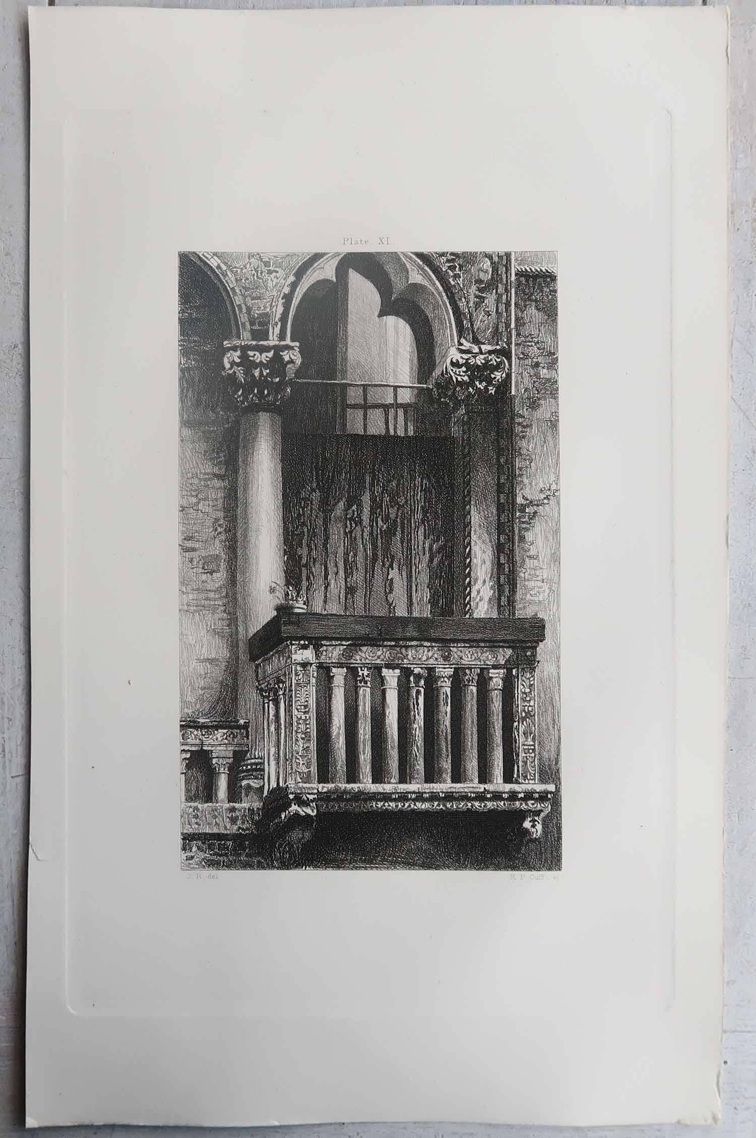 Néo-gothique Gravure architecturale ancienne originale de John Ruskin, vers 1880, 
