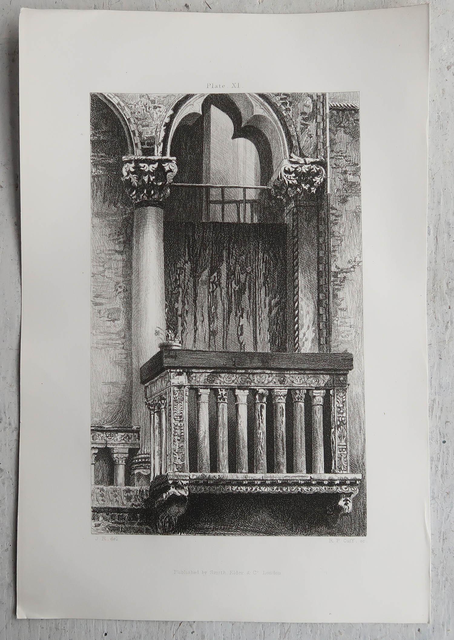 Grabado arquitectónico original antiguo de John Ruskin, hacia 1880, 