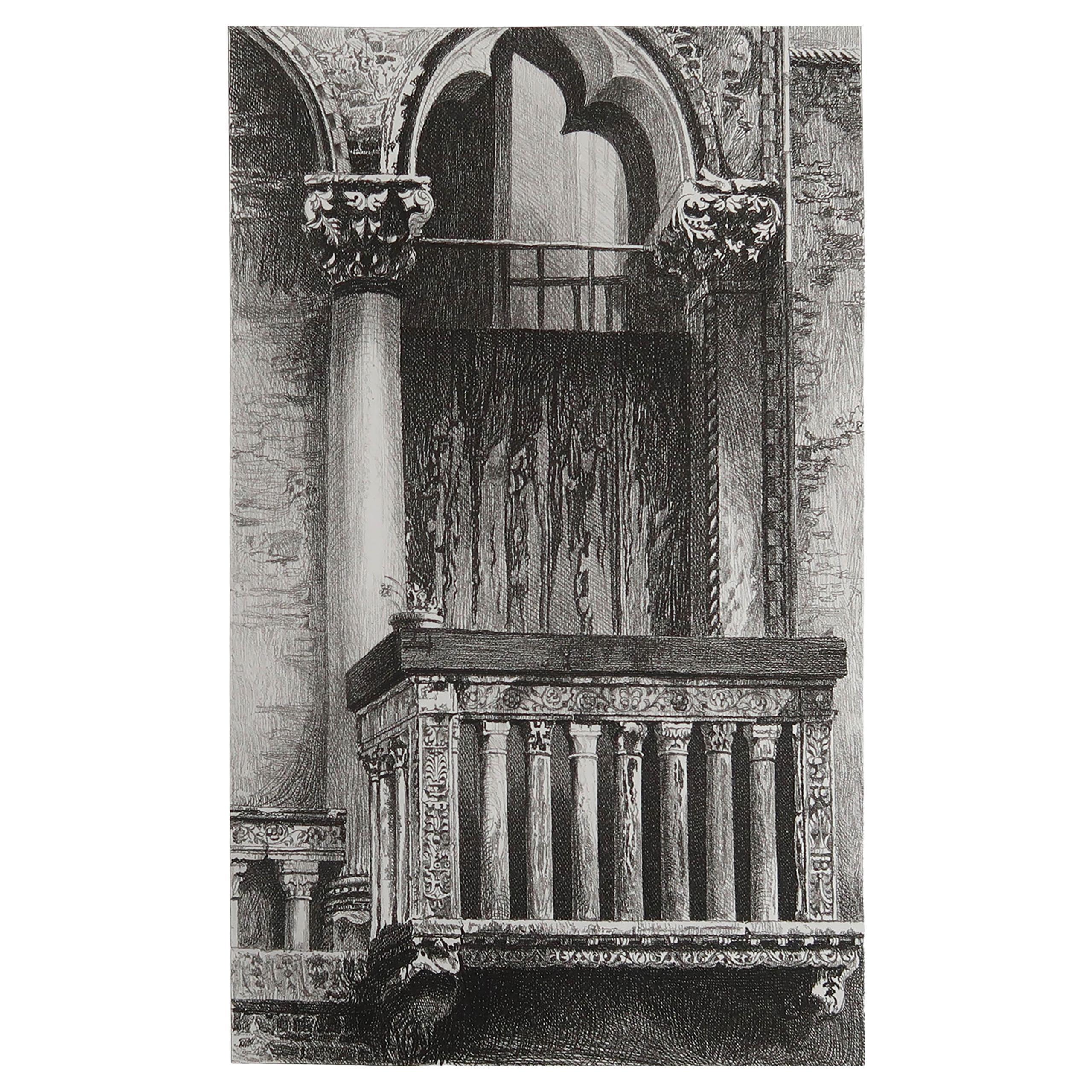Grabado arquitectónico original antiguo de John Ruskin, hacia 1880, "Venecia".