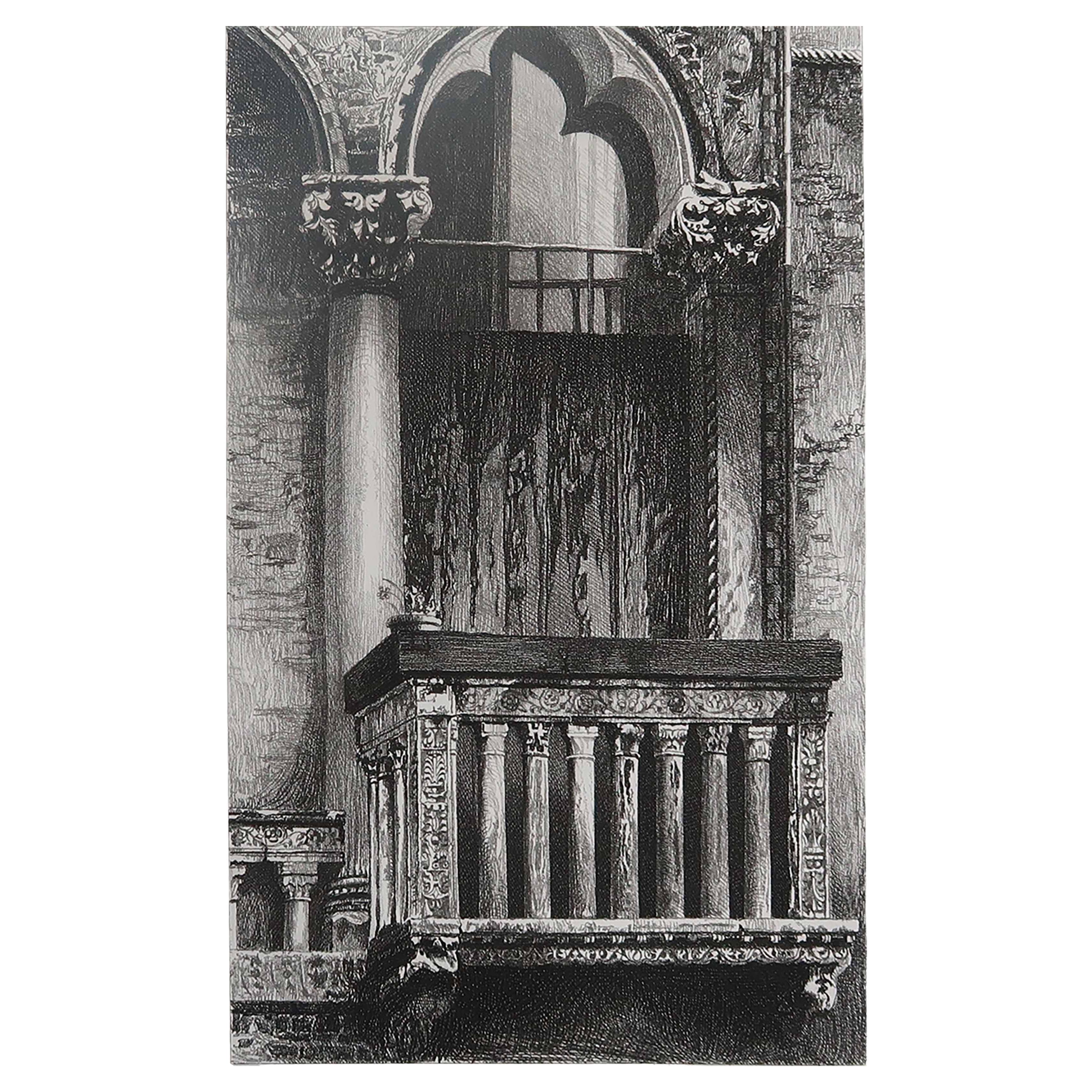 Gravure architecturale ancienne originale de John Ruskin, vers 1880, "Venise".