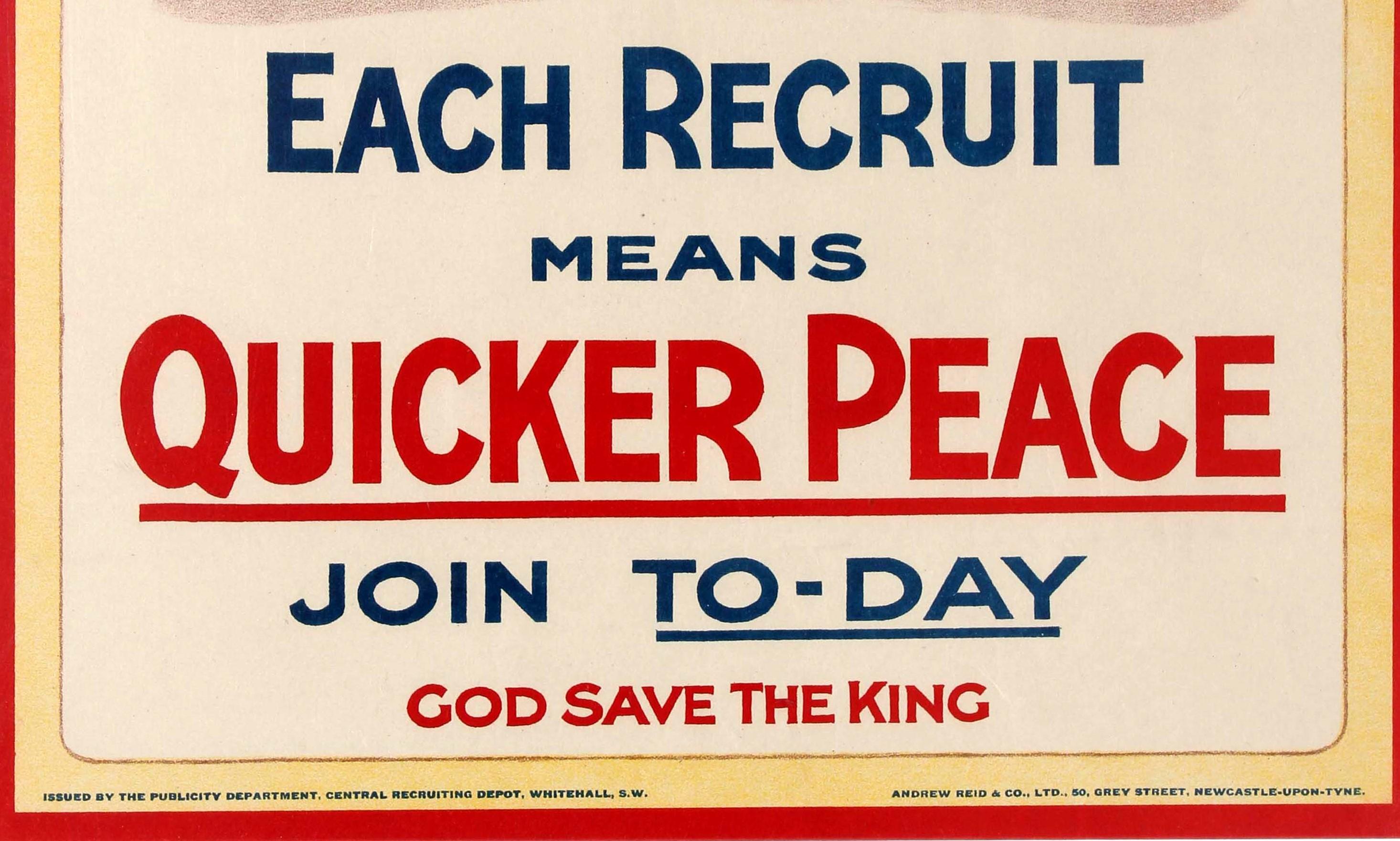Début du 20ème siècle Affiche originale et ancienne de l'armée de la Première Guerre mondiale Men Of London Chaque recrue signifie une paix plus rapide en vente