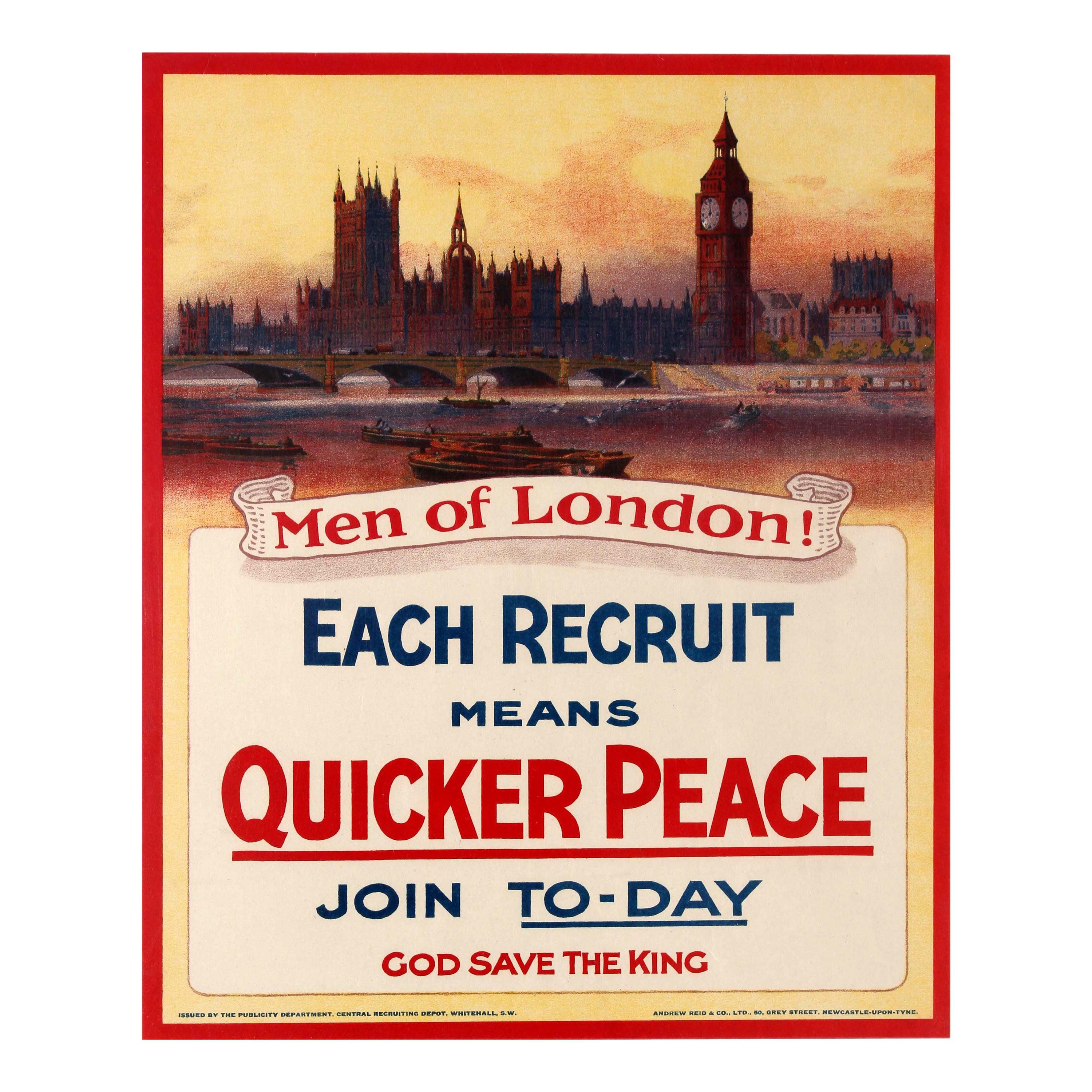 Cartel Antiguo Original del Ejército I Guerra Mundial Hombres de Londres Cada recluta significa una paz más rápida