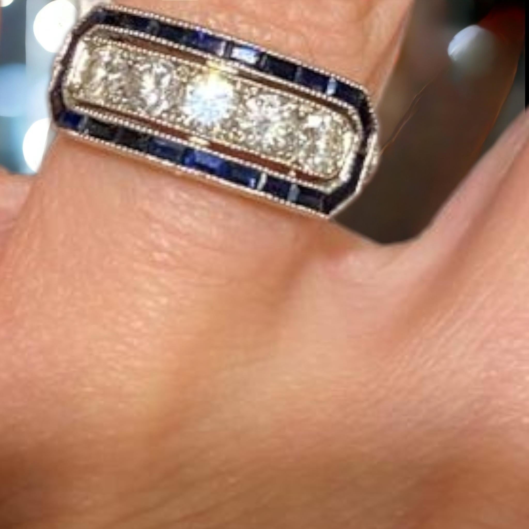 Original Antique Art Deco Diamond Five Stone and Calibre Sapphire Ring, 1920s For Sale 3