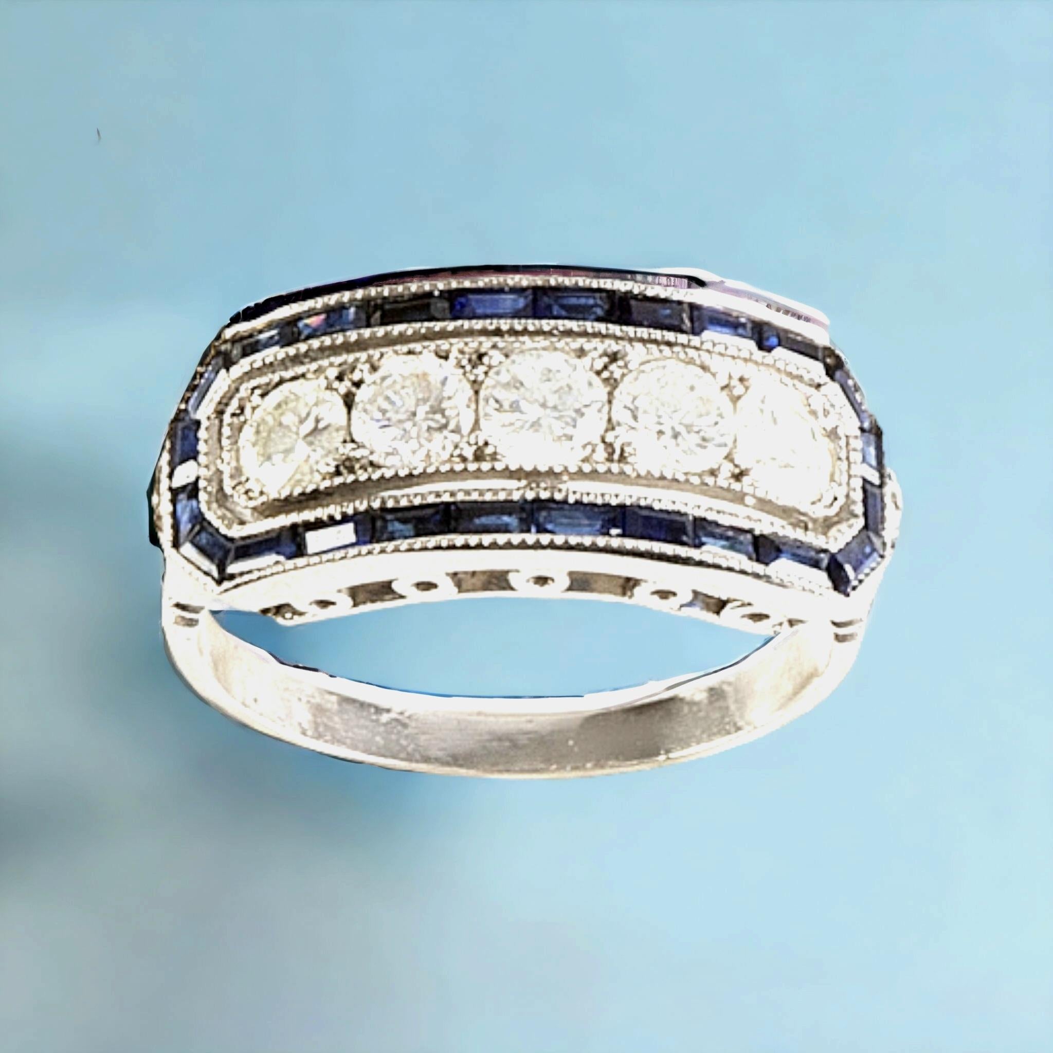 Women's Original Antique Art Deco Diamond Five Stone and Calibre Sapphire Ring, 1920s For Sale