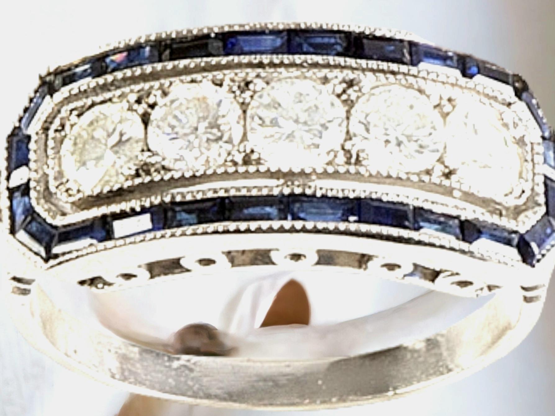 Original Antique Art Deco Diamond Five Stone and Calibre Sapphire Ring, 1920s For Sale 2