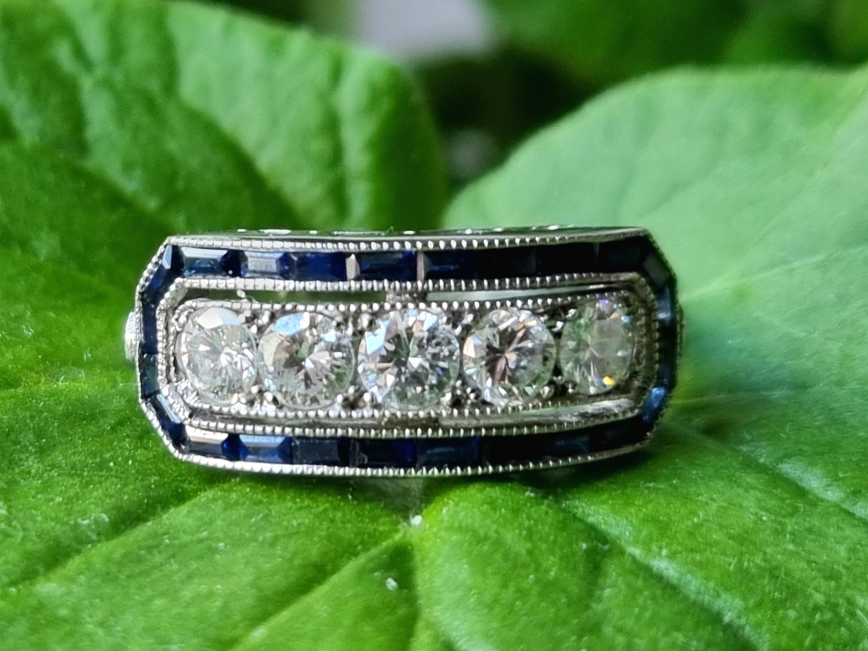 Old European Cut Original Antique Art Deco Diamond Five Stone and Calibre Sapphire Ring, 1920s For Sale