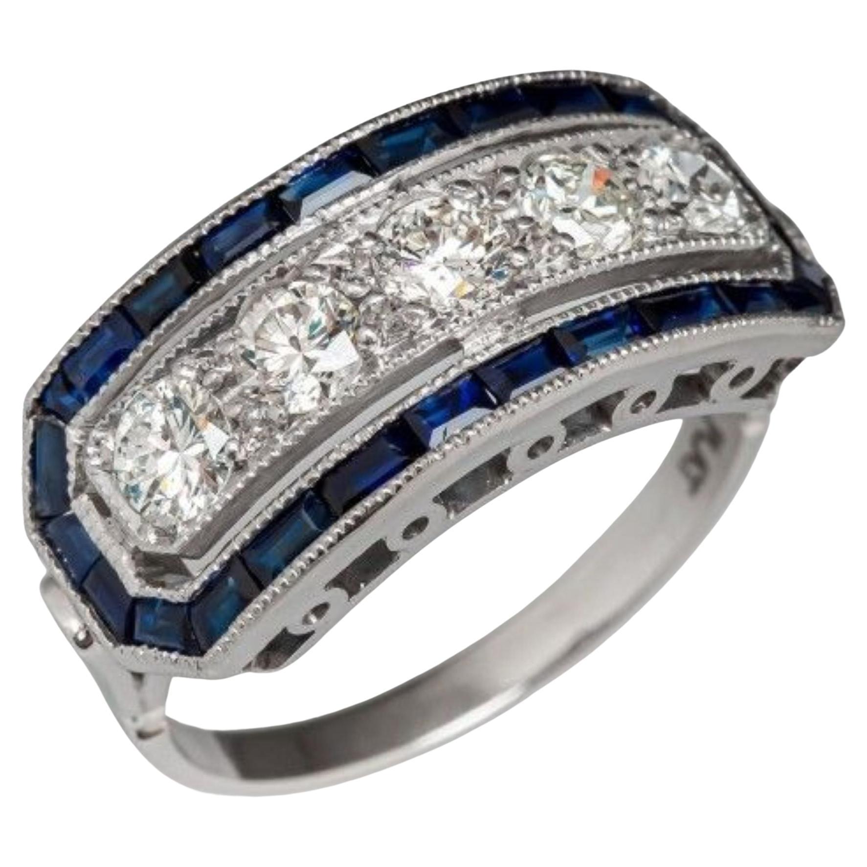 Original Antique Art Deco Diamond Five Stone and Calibre Sapphire Ring, 1920s For Sale
