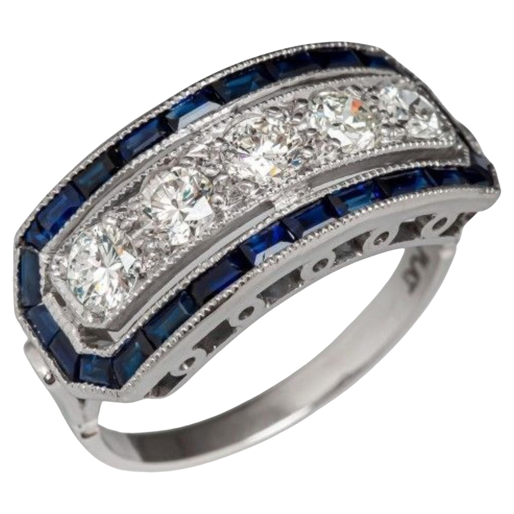 Anillo original antiguo Art Déco de cinco diamantes y zafiro calibre, años 20