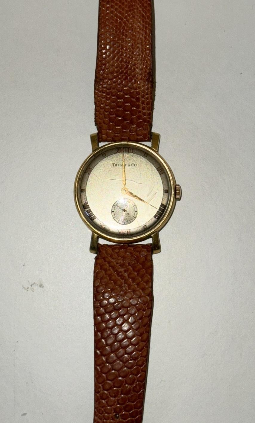 ORIGINAL ANTIQUE ART DECO TIFFANY & CO GOLD & STEEL WRIST WATCH WiTH CROC STRAP (Art déco) im Angebot