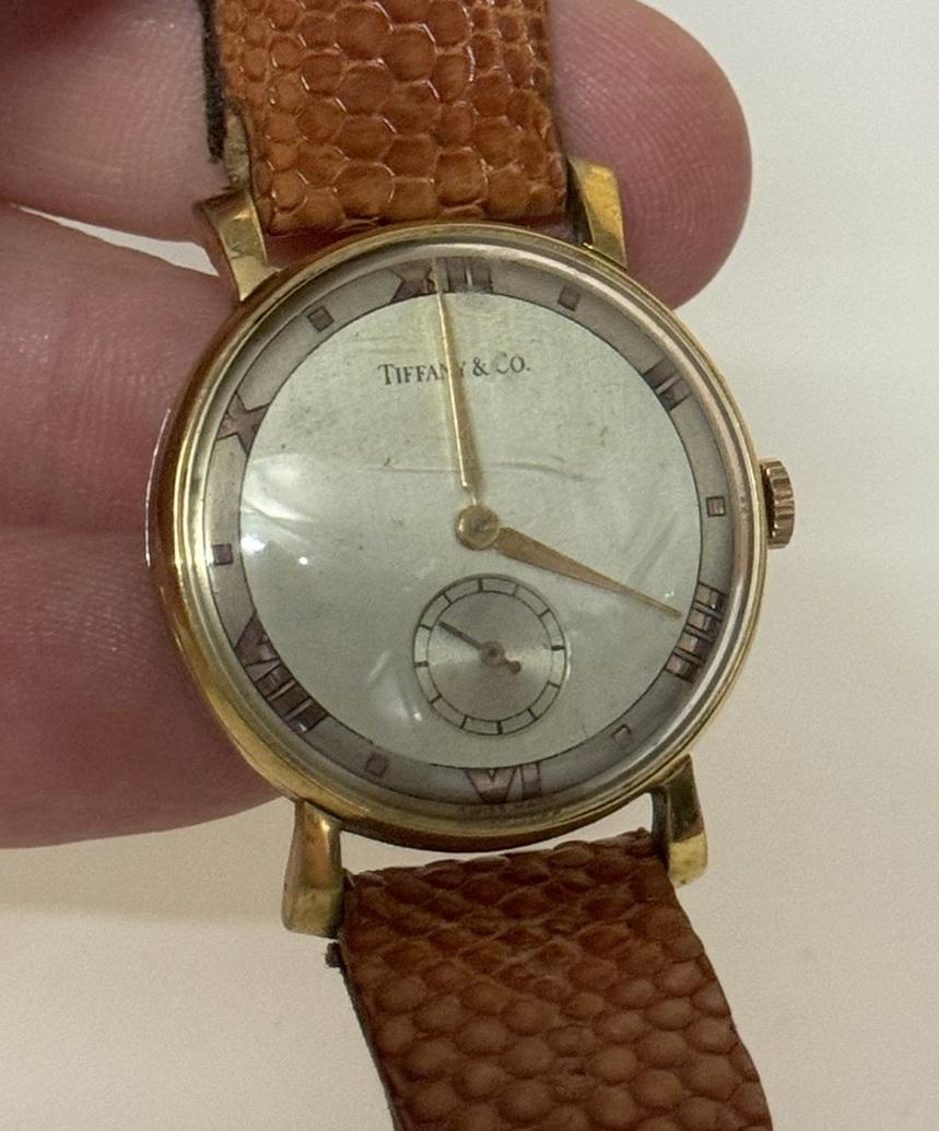 ORIGINAL ANTIQUE ART DECO TIFFANY & CO GOLD & STEEL WRIST WATCH WiTH CROC STRAP im Angebot 1