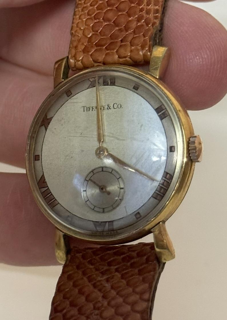 ORIGINAL ANTIQUE ART DECO TIFFANY & CO GOLD & STEEL WRIST WATCH WiTH CROC STRAP im Angebot 2