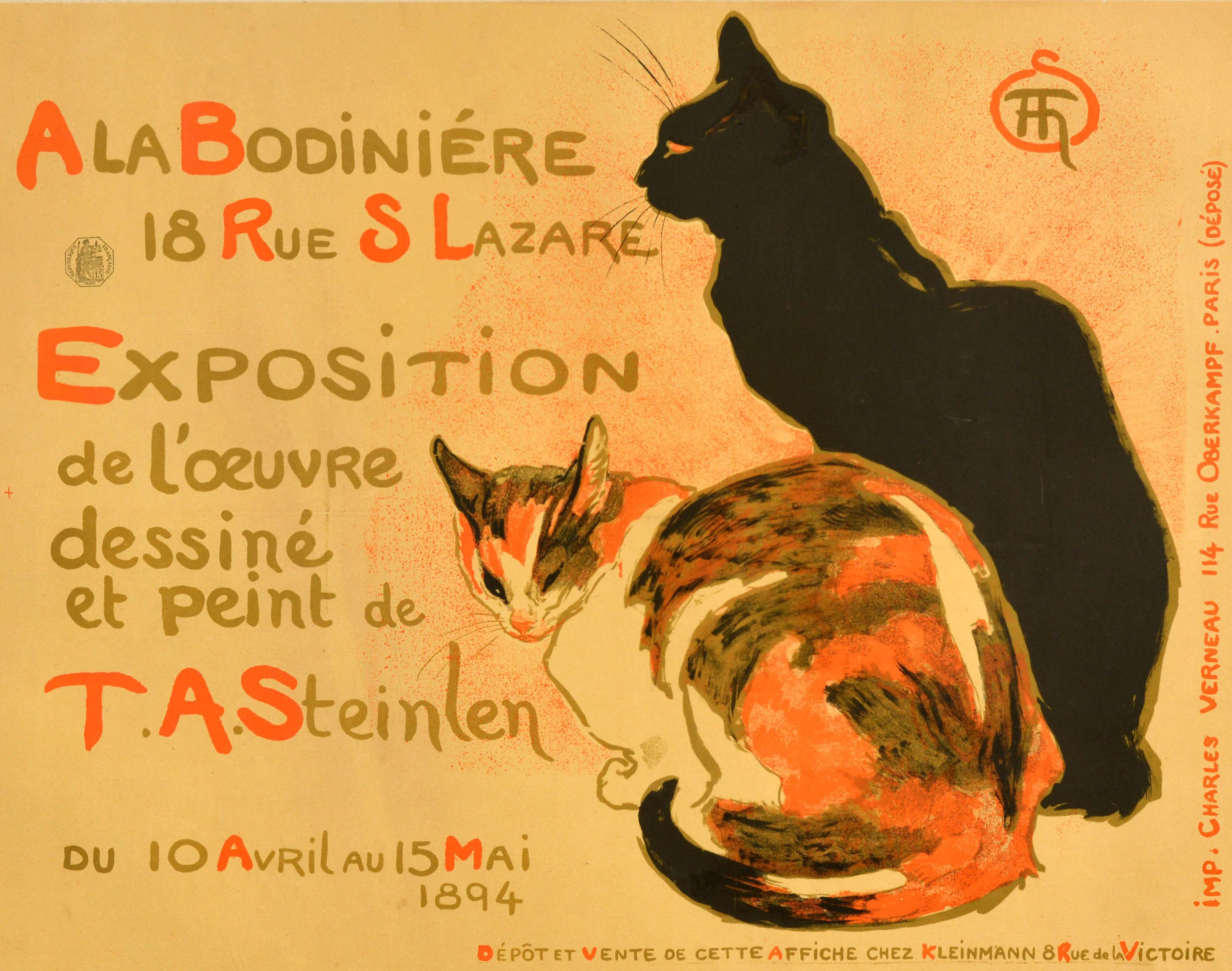 Manifesto originale di una mostra d'arte antica per le Opere disegnate e dipinte di T.A. Steinlen, tenutasi dal 10 aprile al 15 maggio 1894 presso La Bodiniere 18 Rue Saint Lazare a Parigi in Francia, presentava splendide opere d'arte degli iconici