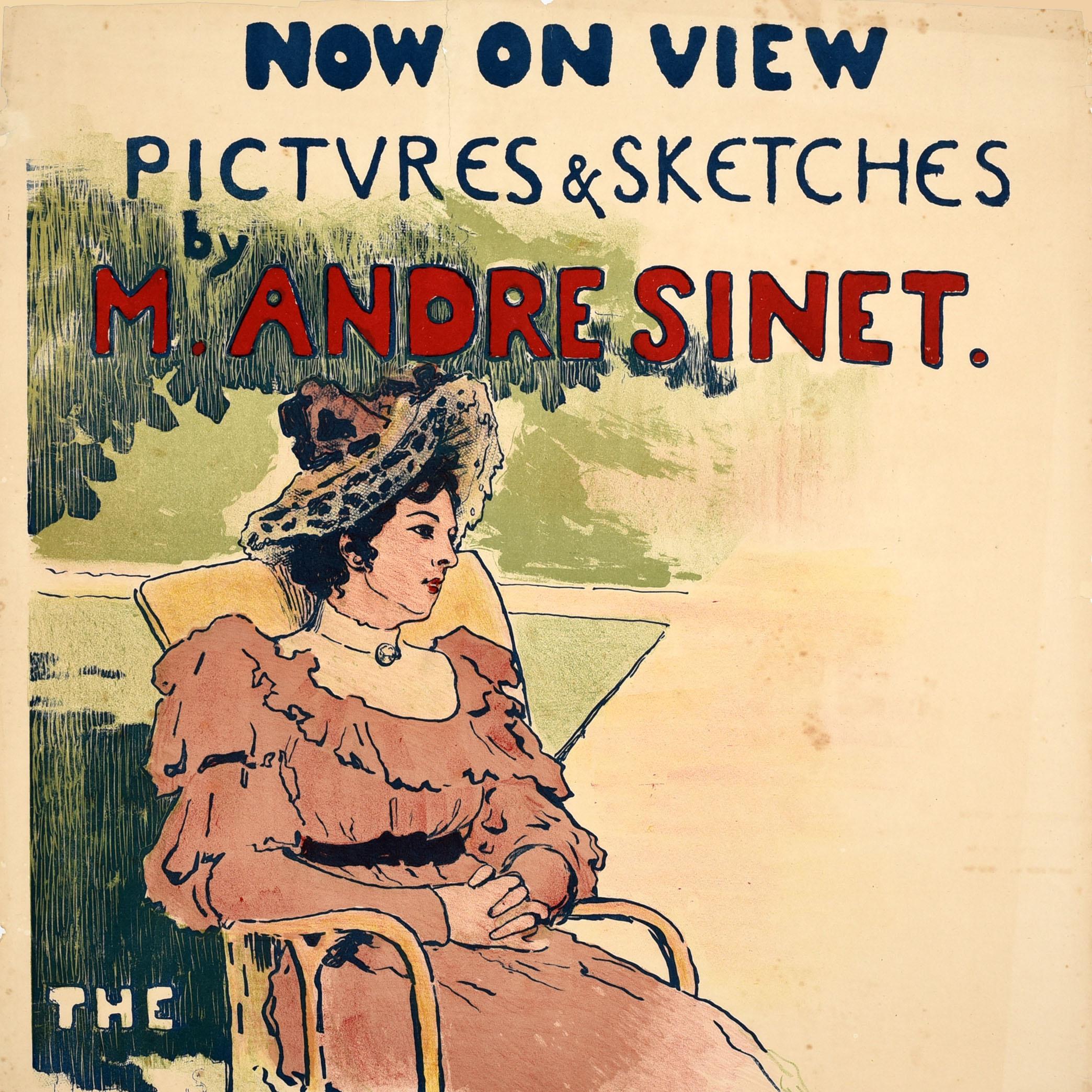 British Original Antique Art Exhibition Poster Goupil Gallery Andre Sinet France Sketch For Sale