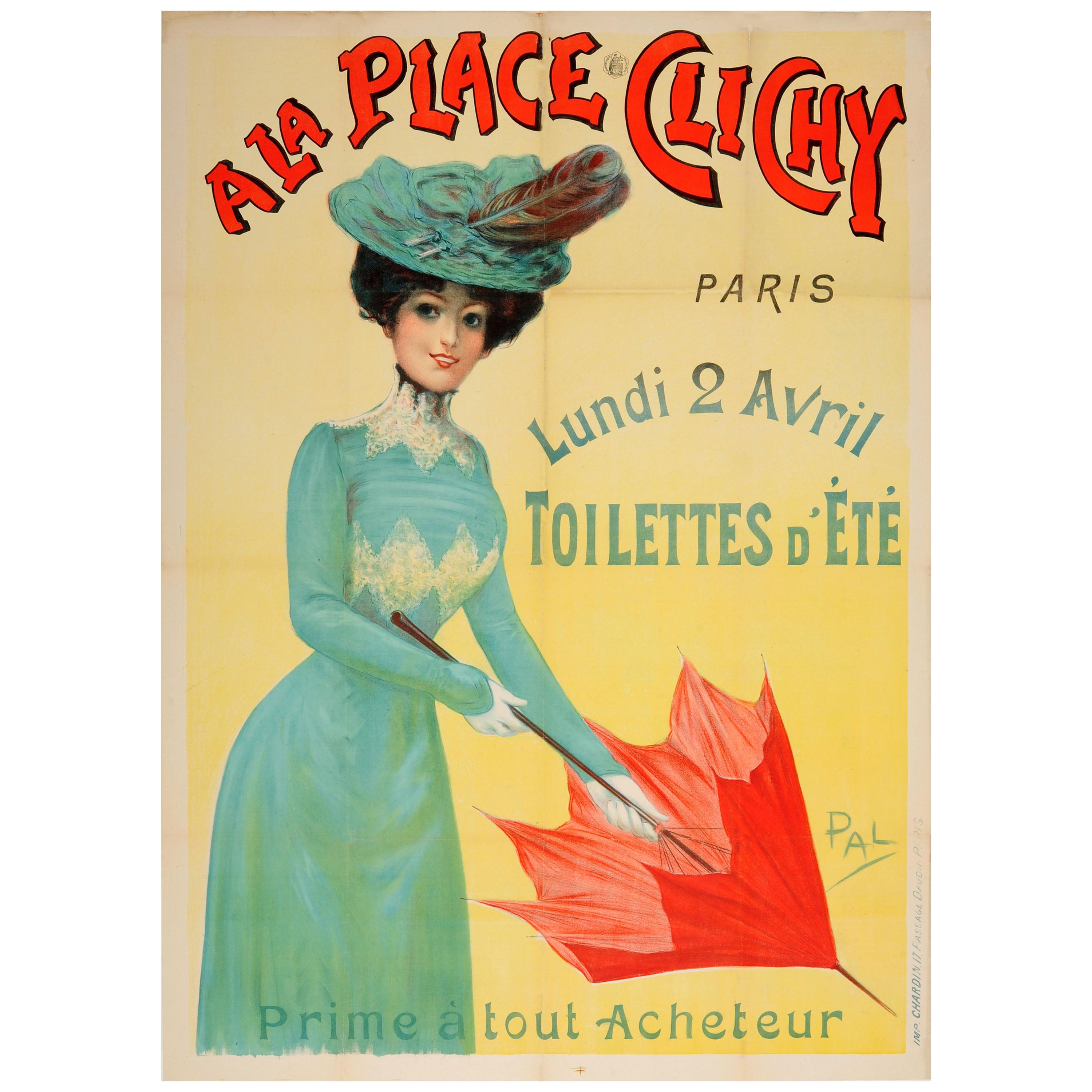 Original Antique Art Nouveau Poster A La Place Clichy Paris Fashion Summer Sale For Sale