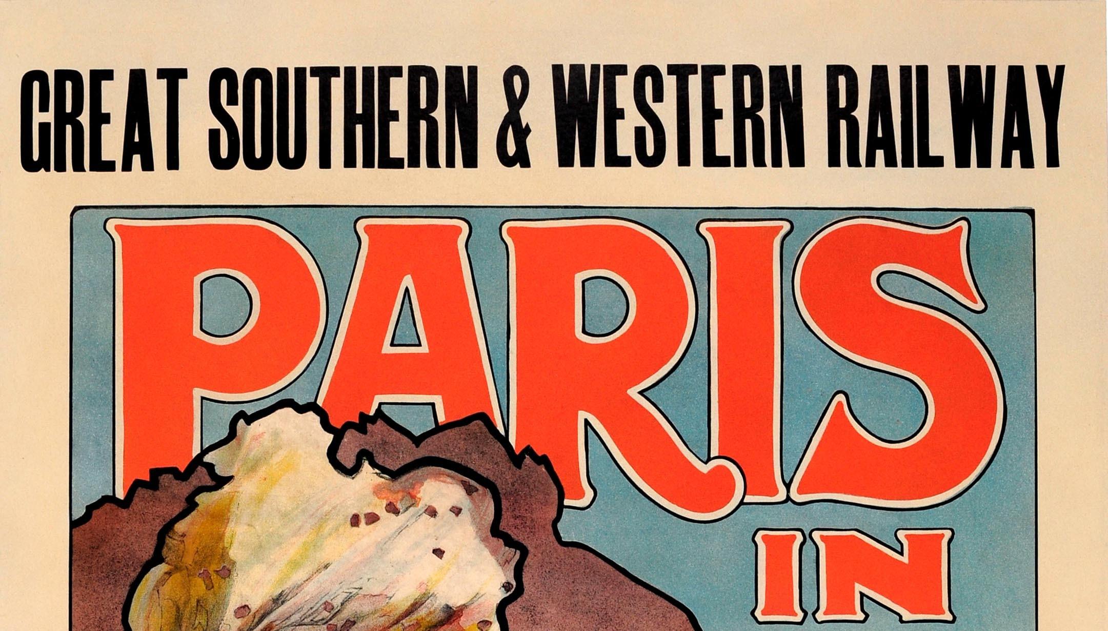 Originales antikes Plakat - Great Southern & Western Railway (GS&WR) - Paris in London - Imre Kiralfy Generaldirektor - Earls Court - Mai bis Oktober 1902. Wunderschönes Jugendstilbild einer modisch gekleideten Dame mit Hut und Stock in der Hand mit
