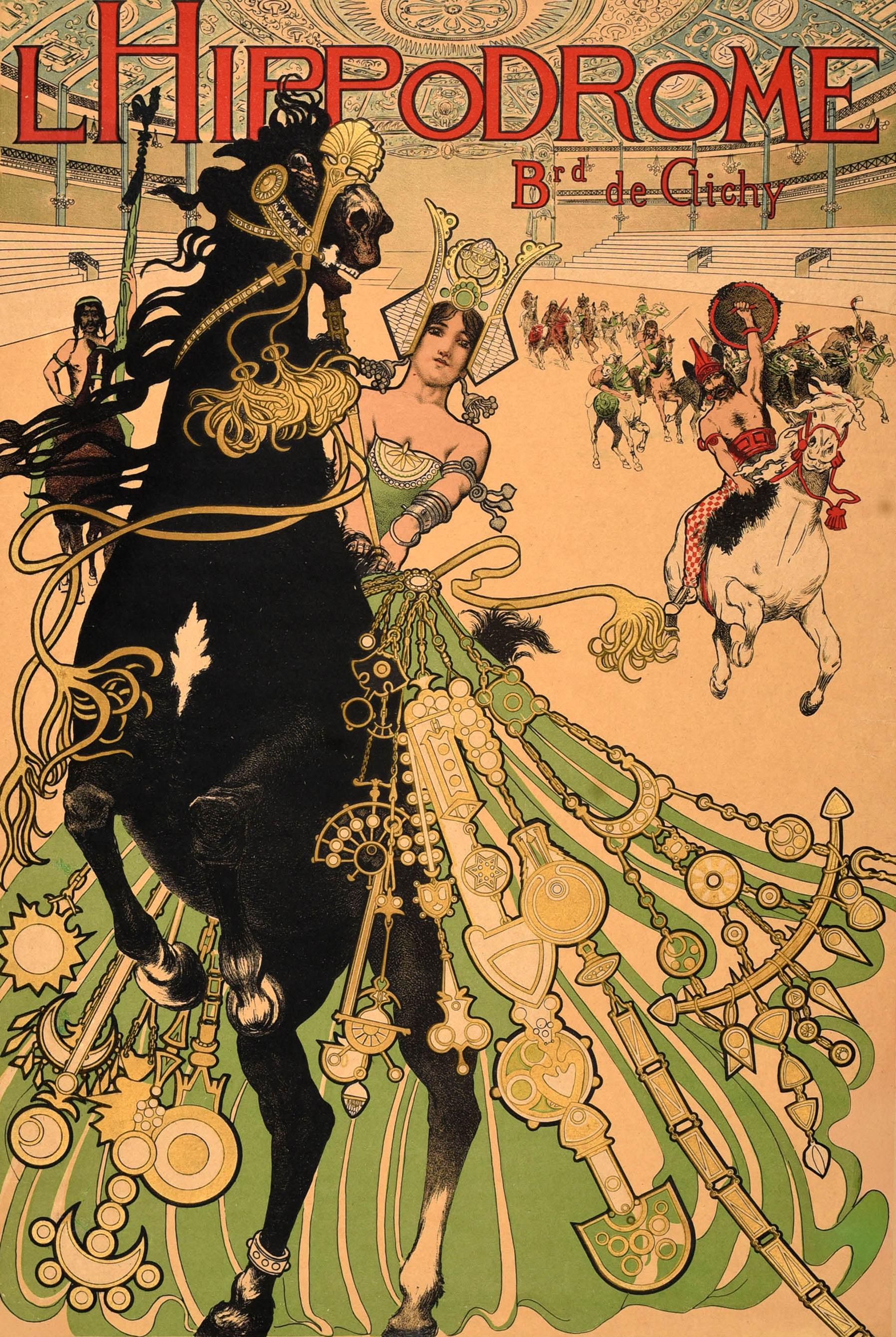 Affiche originale ancienne de style Art Nouveau annonçant l'Hippodrome du Boulevard de Clichy. L'œuvre dramatique du graphiste français Manuel Orazi (1860-1934) représente une dame à cheval dans un costume et une coiffe flamboyants, guidant d'autres